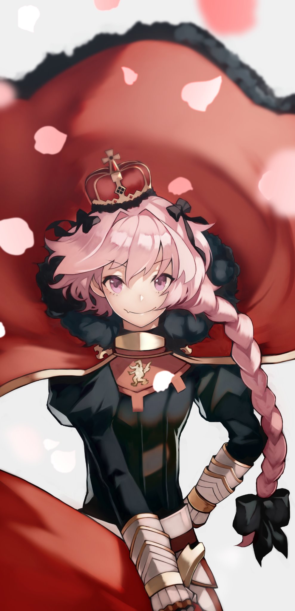 Anime 989x2048 Fate series Fate/Grand Order Fate/Apocrypha  anime boys 2D portrait display long hair pink hair armor smiling Astolfo (Fate/Apocrypha) looking at viewer femboy braids crown simple background fan art purple eyes anime