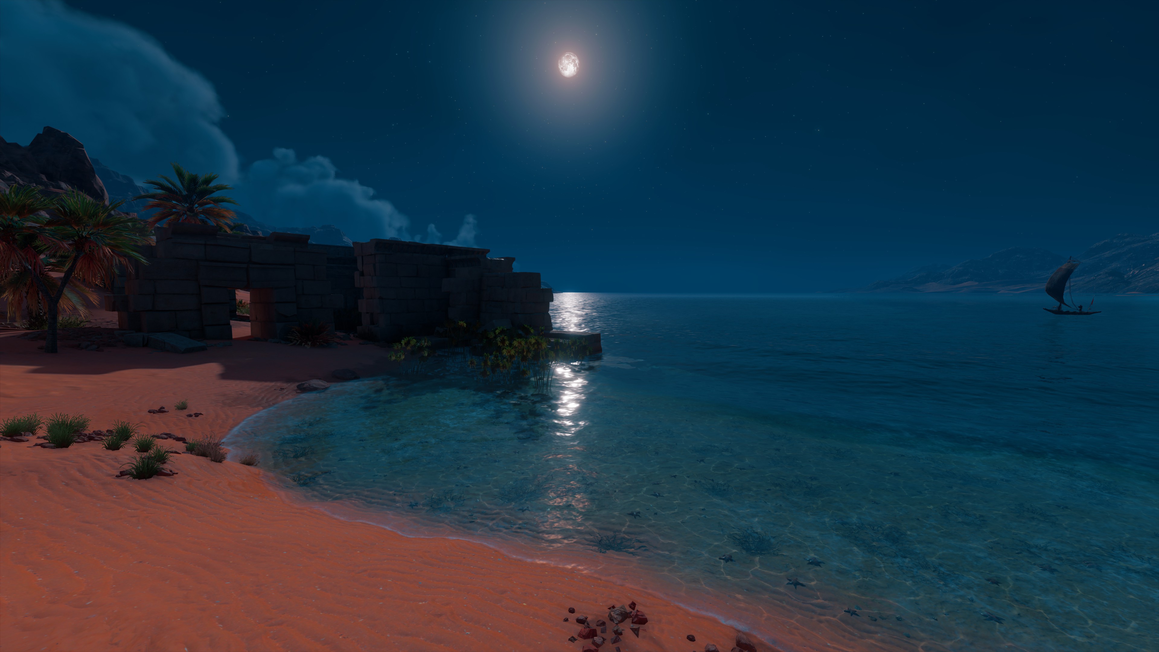 General 3840x2160 video game landscape Assassin's Creed: Origins Ubisoft video games video game art screen shot water night Moon moonlight palm trees sand sky clouds