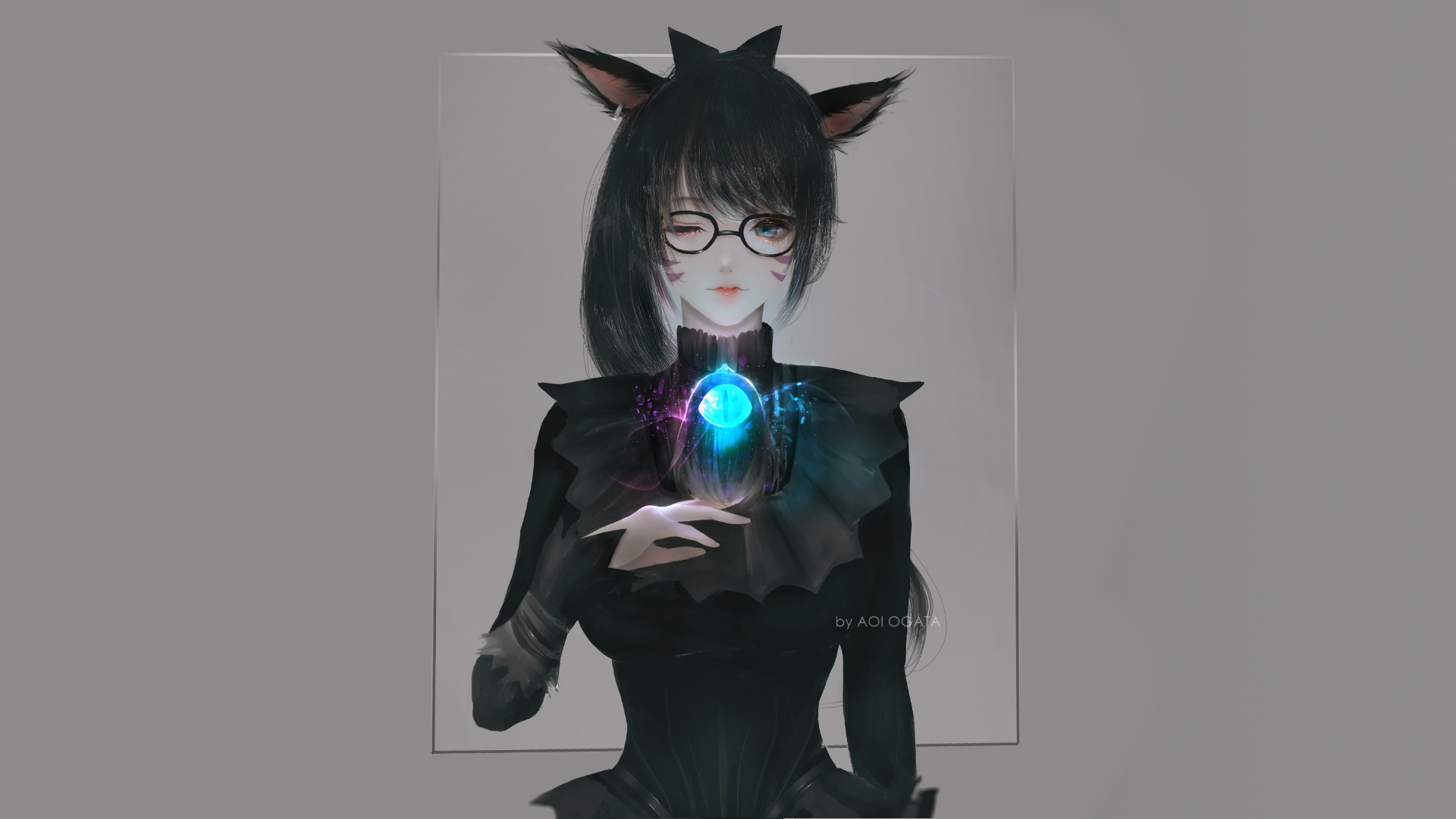 Anime 1920x1080 Aoi Ogata artwork women black clothing digital art cat girl women with glasses cat ears looking at viewer face short hair simple background gray background frontal view