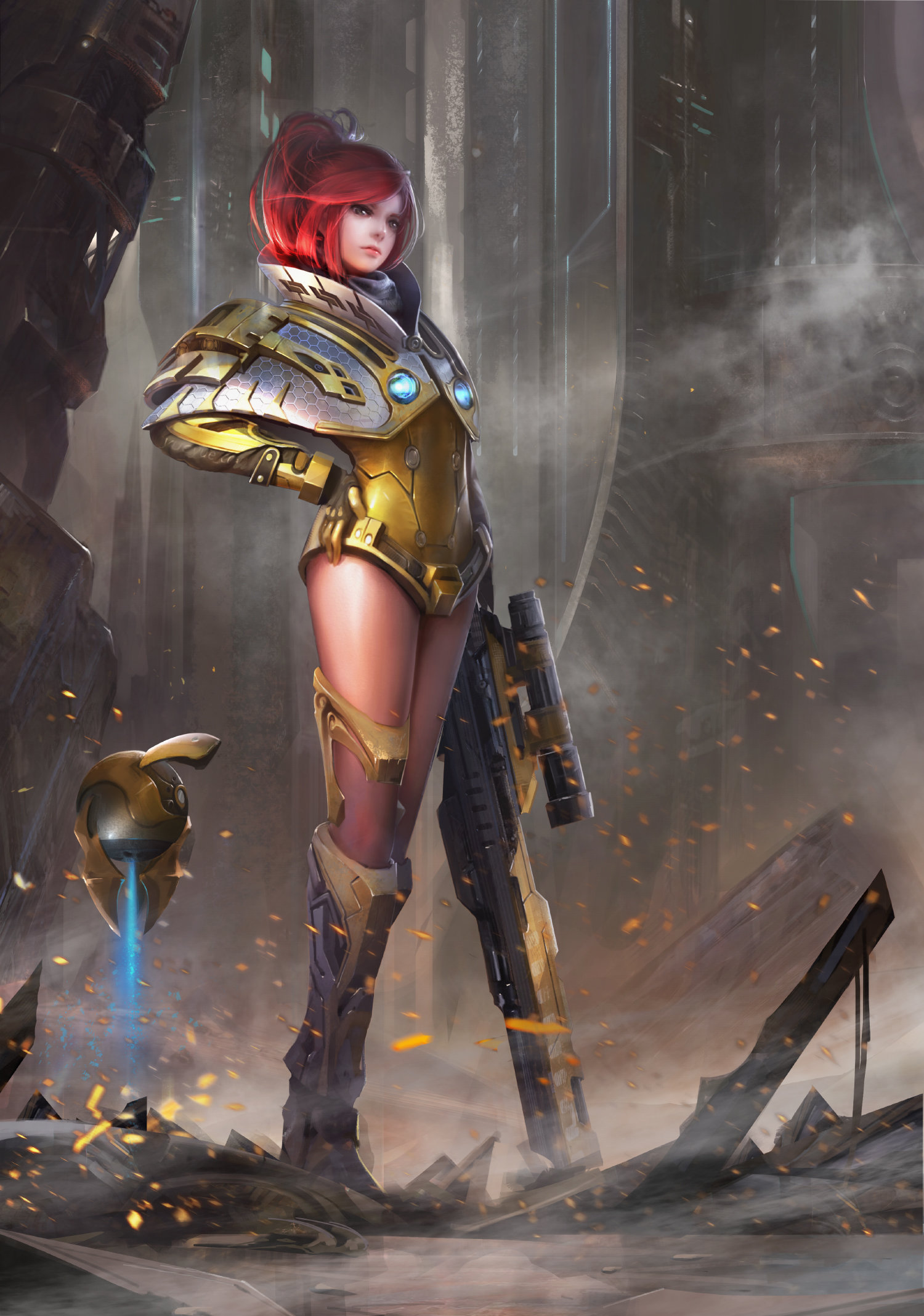 General 1500x2137 Yue Yue drawing redhead long hair ponytail armor gold suits weapon sniper rifle sparks science fiction
