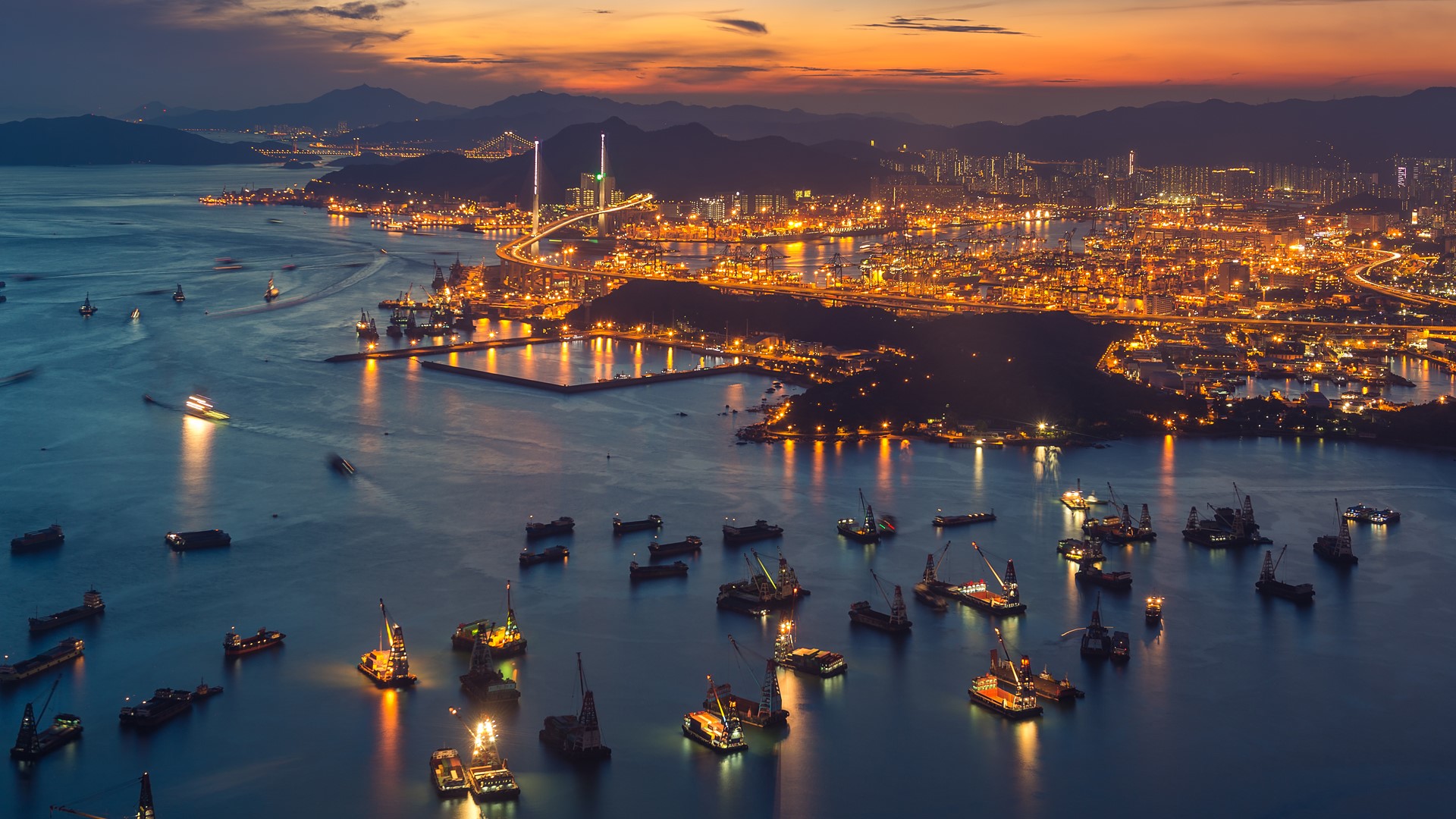 General 1920x1080 sunset cityscape ship tugboat lights Hong Kong shelter