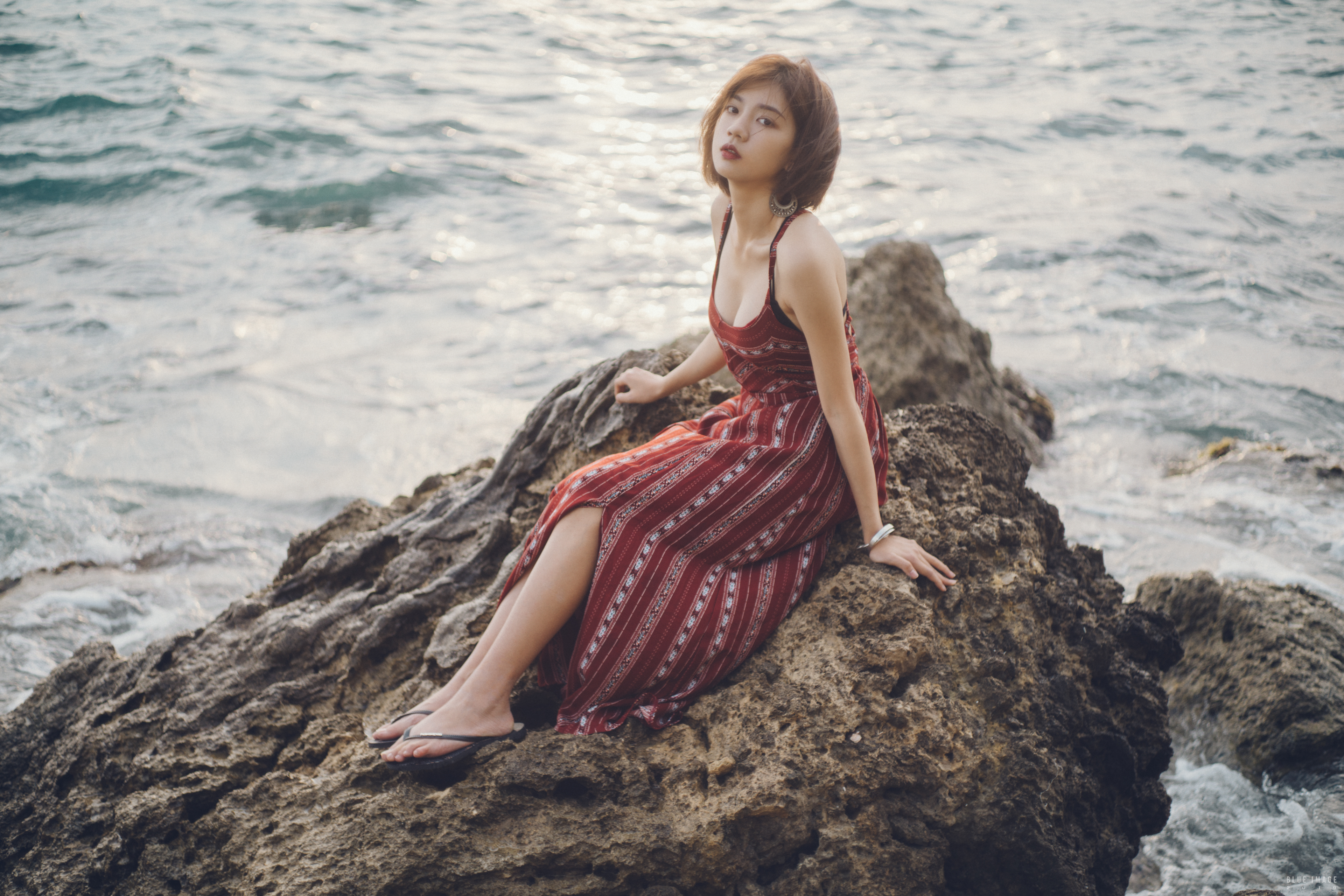 People 3840x2560 Asian women model brunette short hair barefoot flip flops dress sitting rocks coast
