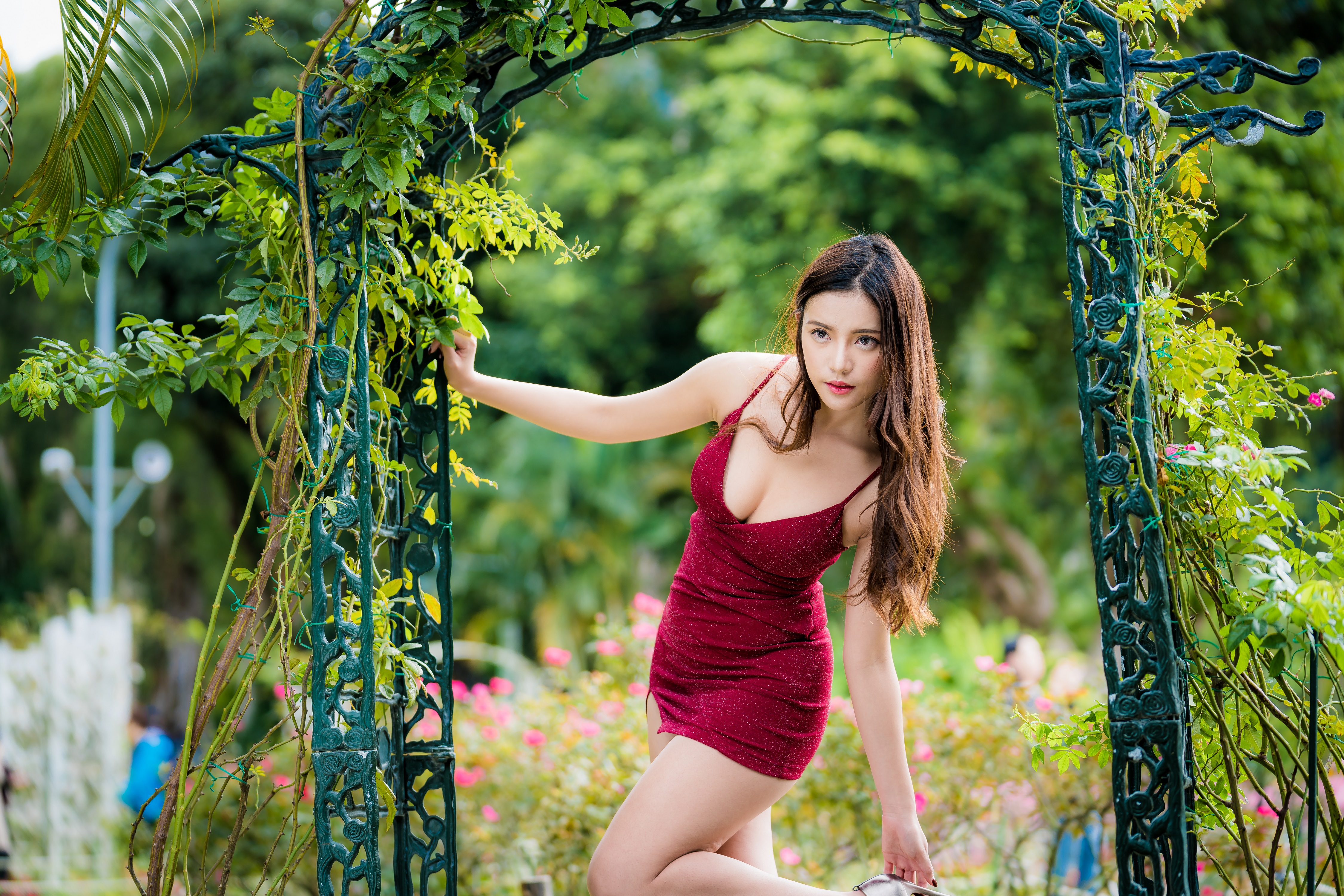 People 4500x3001 women model Asian brunette long hair looking away red lipstick cleavage dress red dress tight dress depth of field painted nails plants outdoors women outdoors minidress Vivi Babier Chinese model Chinese