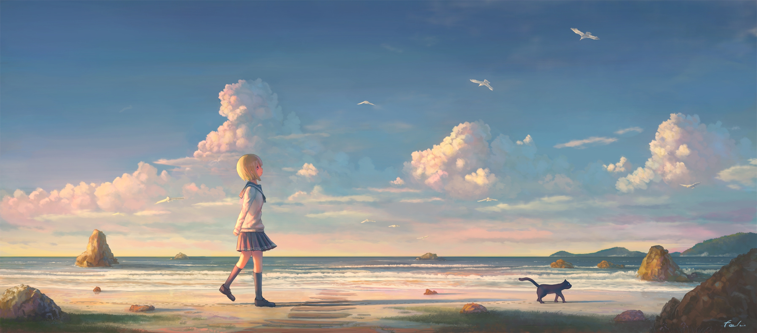 Anime 2451x1080 anime anime girls landscape clouds sky skyscape women school uniform artwork
