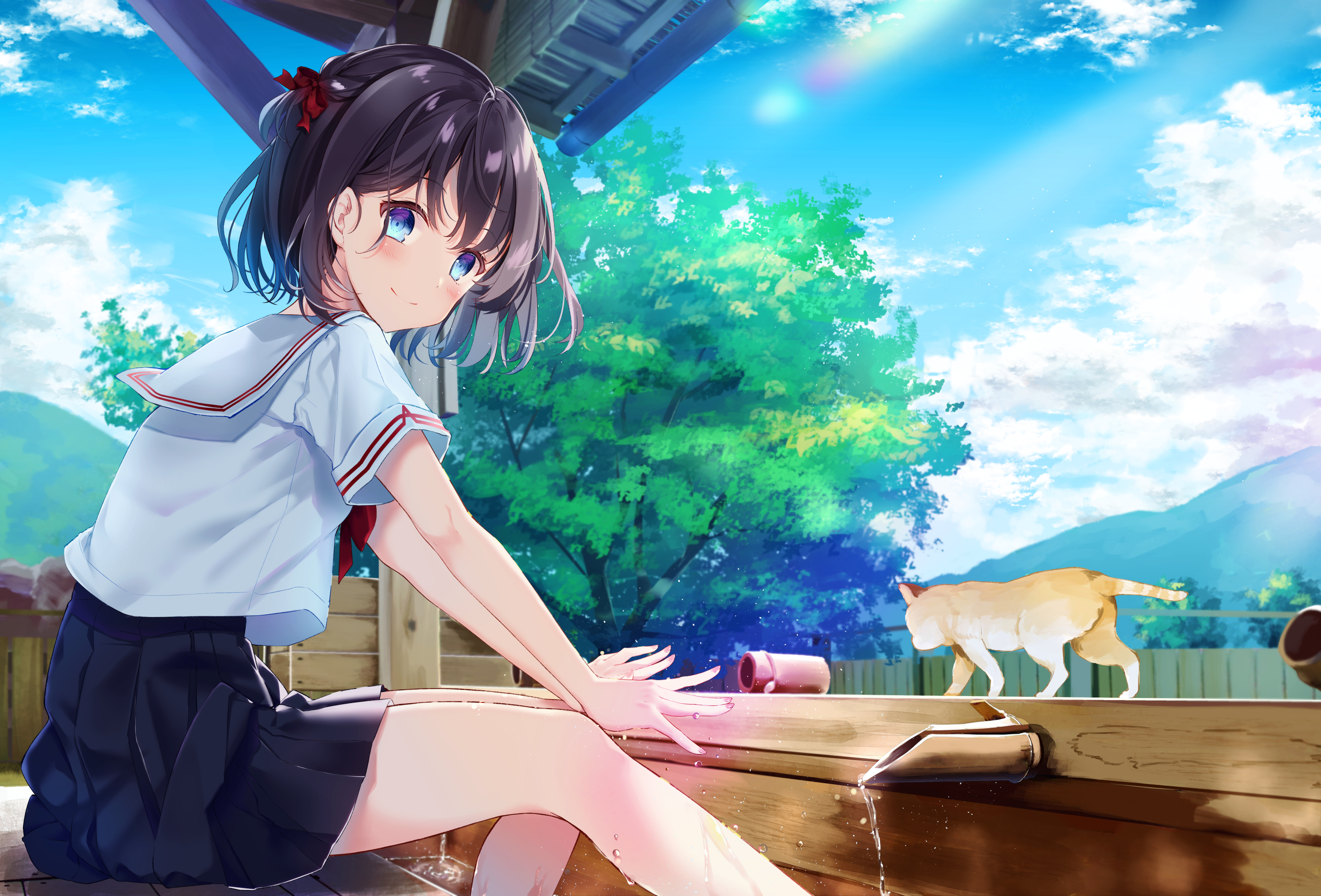 Anime 2960x2008 anime cats water sky landscape trees