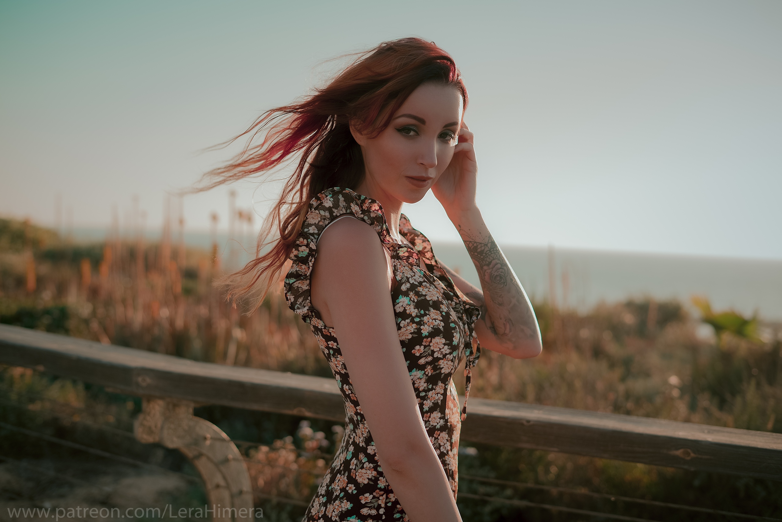 People 2560x1707 Valery Himera women model redhead long hair portrait looking at viewer dress outdoors tattoo inked girls sunset depth of field sky women outdoors smiling side view