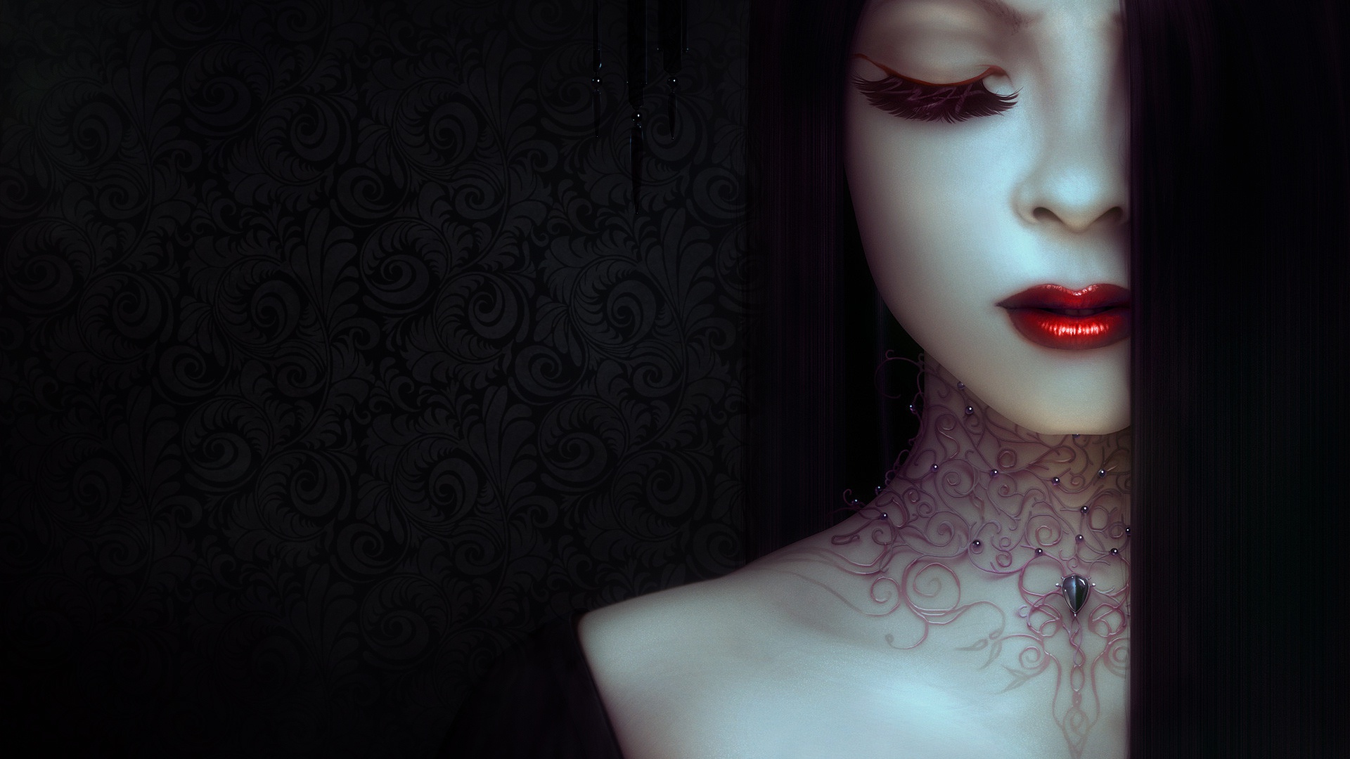 General 1920x1080 women face red lipstick artwork simple background closed eyes fantasy girl