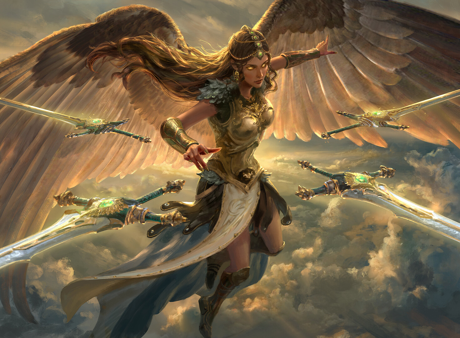 General 1470x1080 artwork fantasy art women fantasy girl angel wings sword long hair glowing eyes armor Magic: The Gathering