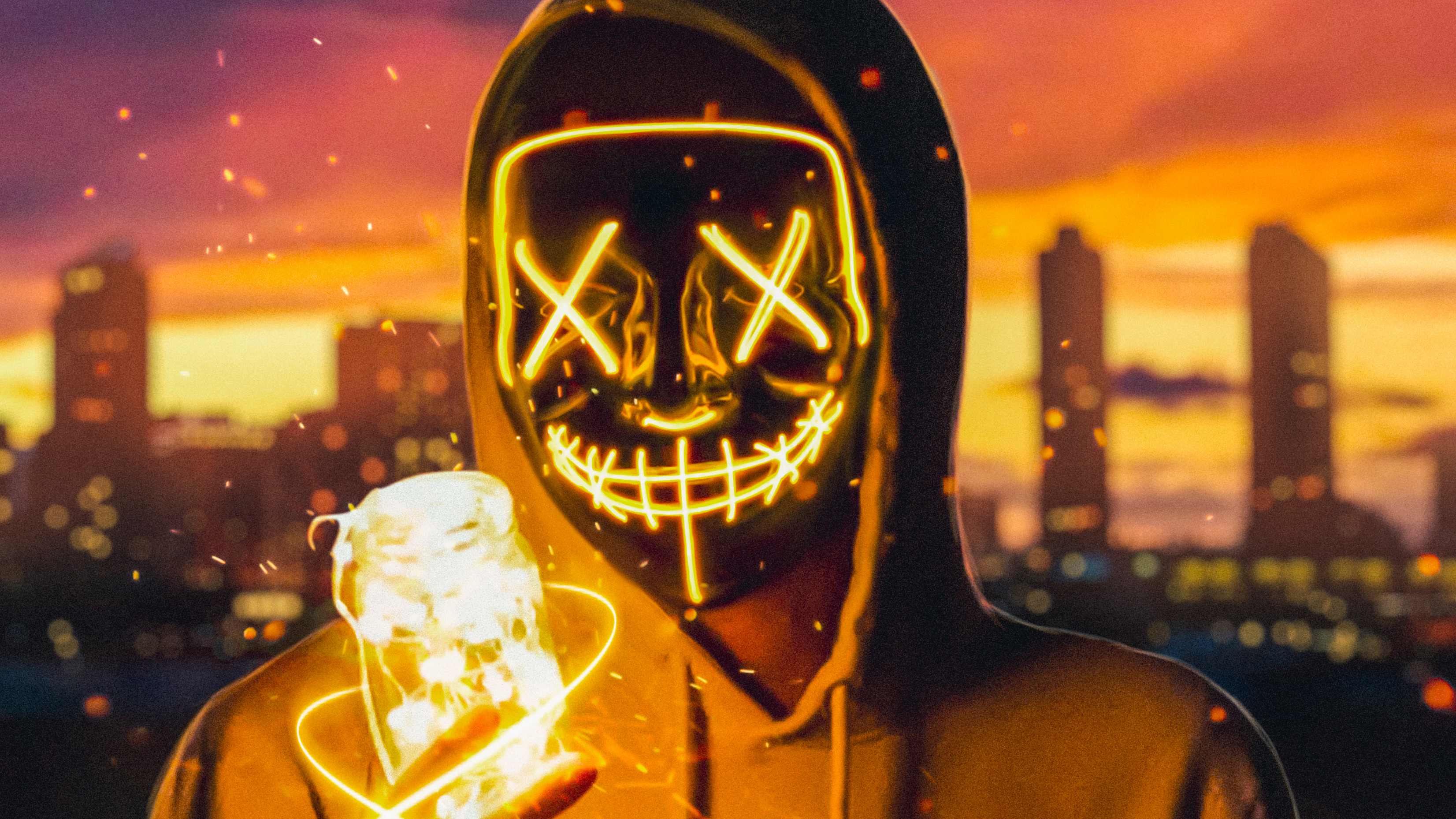 General 3304x1858 mask masked neon fire closeup digital art