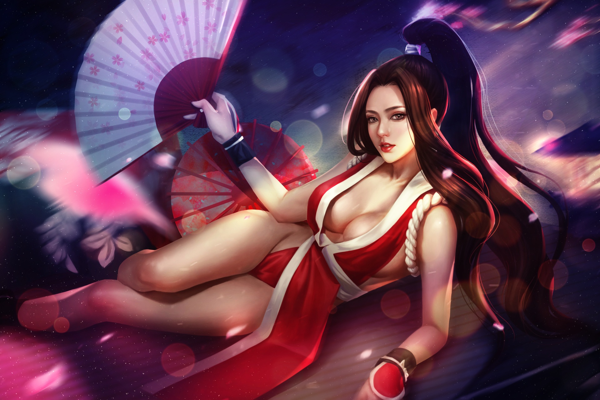 General 1920x1280 fantasy art fantasy girl boobs legs redhead long hair Mai Shiranui King of Fighters cleavage fans video games video game girls video game warriors looking at viewer red lipstick Fatal Fury
