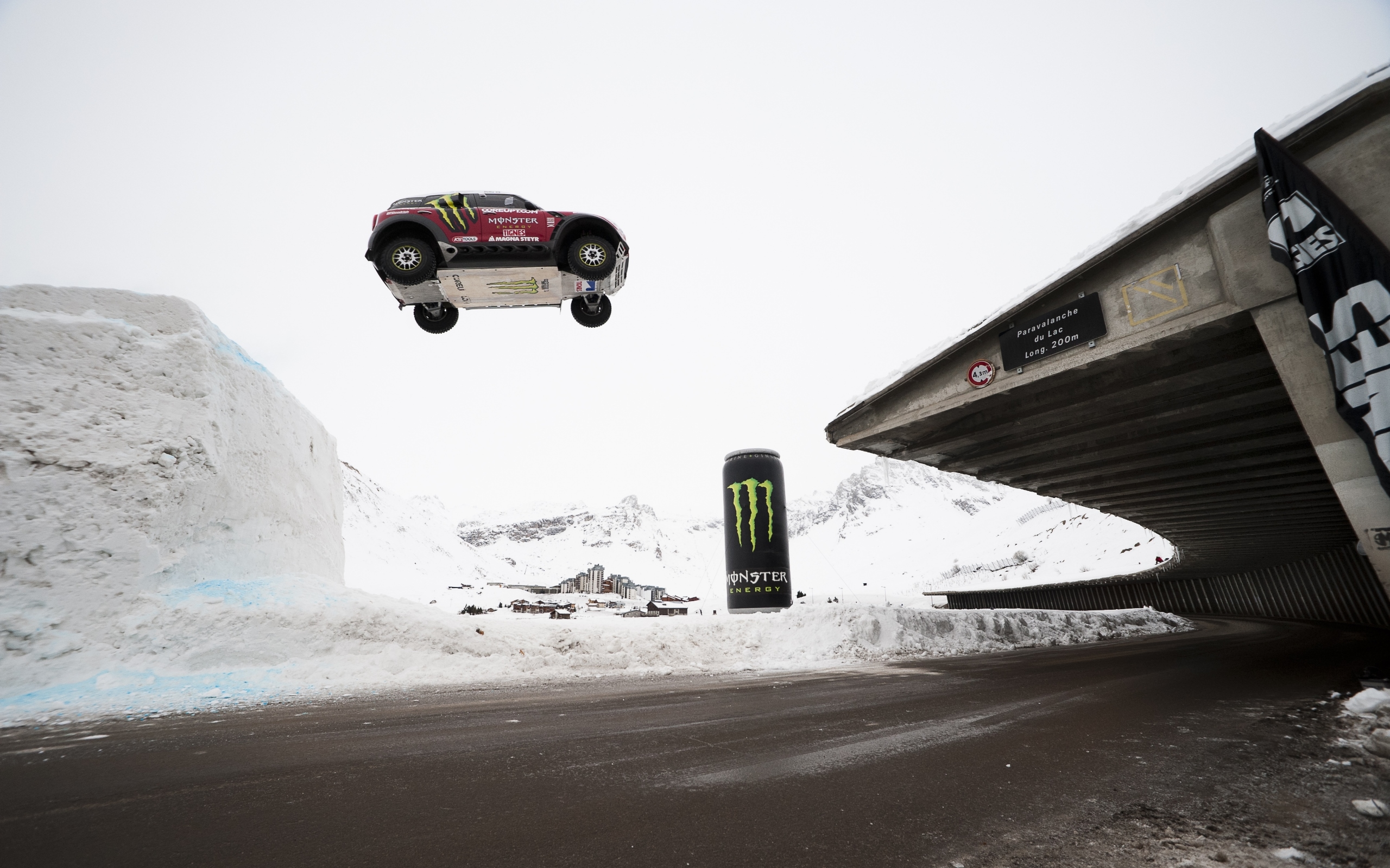 General 2560x1600 jumping Rally Mini Cooper car sport vehicle race cars snow Monster Energy flying winter snowy mountain Mini British cars