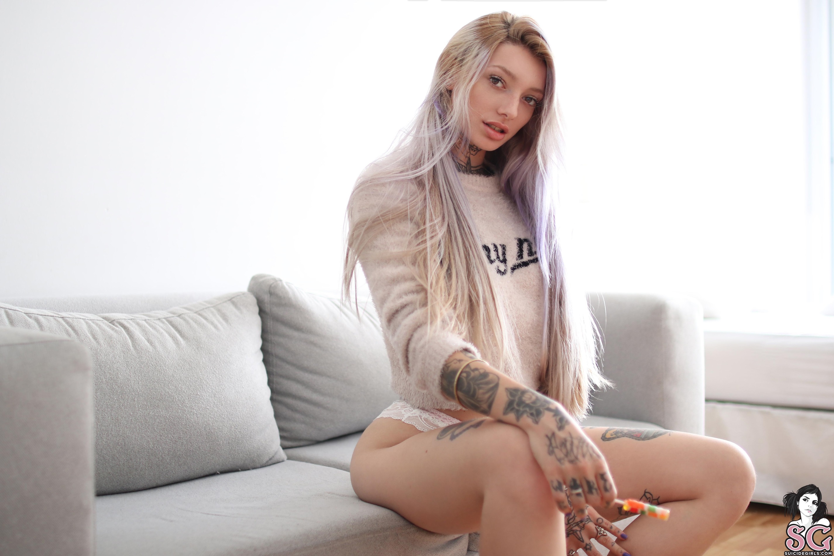 People 2851x1901 Nefka Micaela women indoors Suicide Girls blonde women inked girls model dyed hair tattoo looking at viewer couch white panties sitting white watermarked