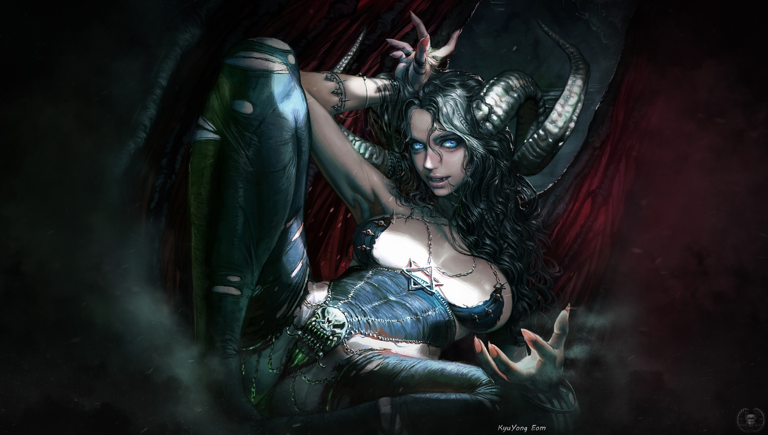 General 2560x1451 fantasy art fantasy girl artwork horns blue eyes succubus demon KyuYong Eom Gothic