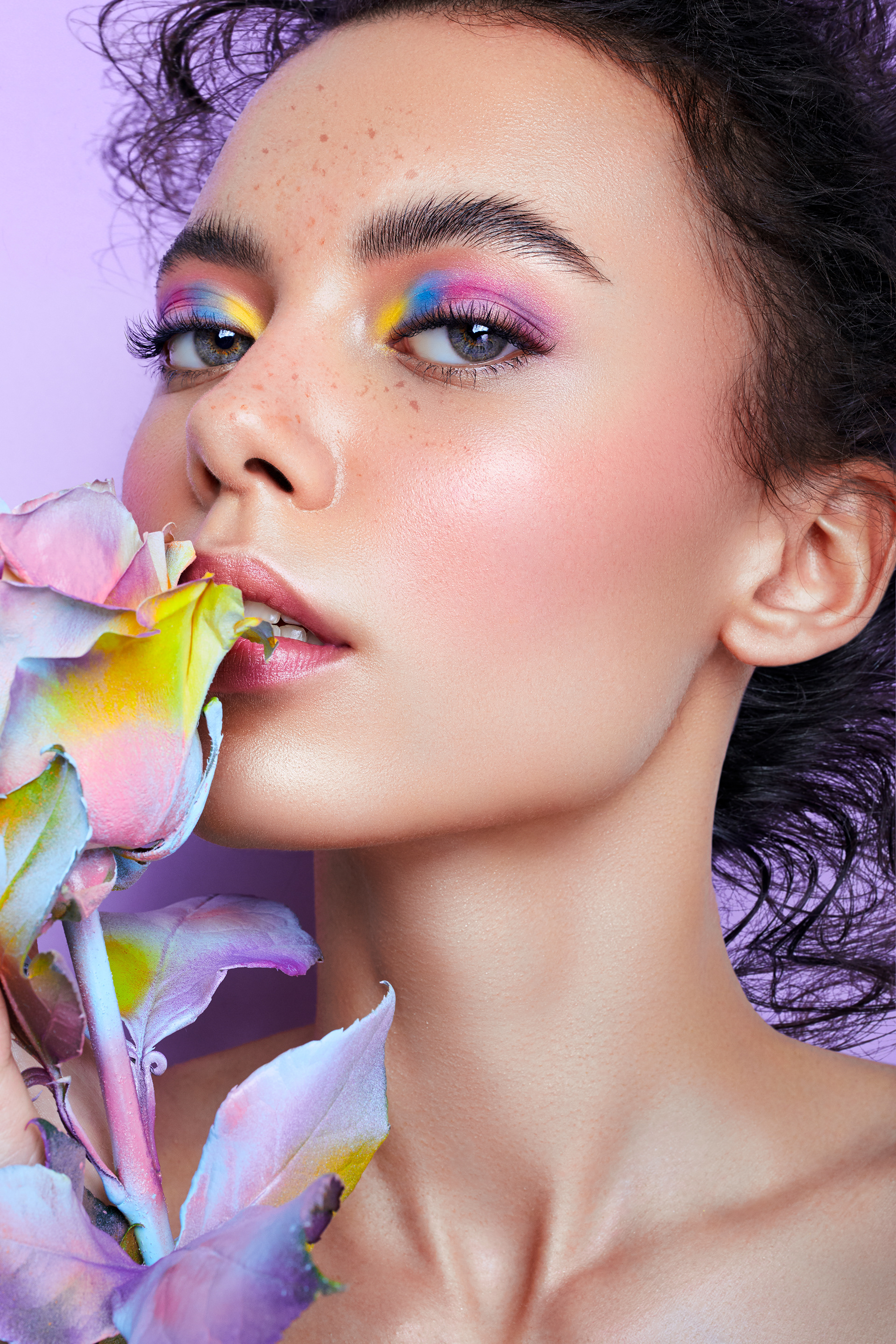 People 1920x2880 women women indoors makeup glamour fashion portrait flowers simple background colorful