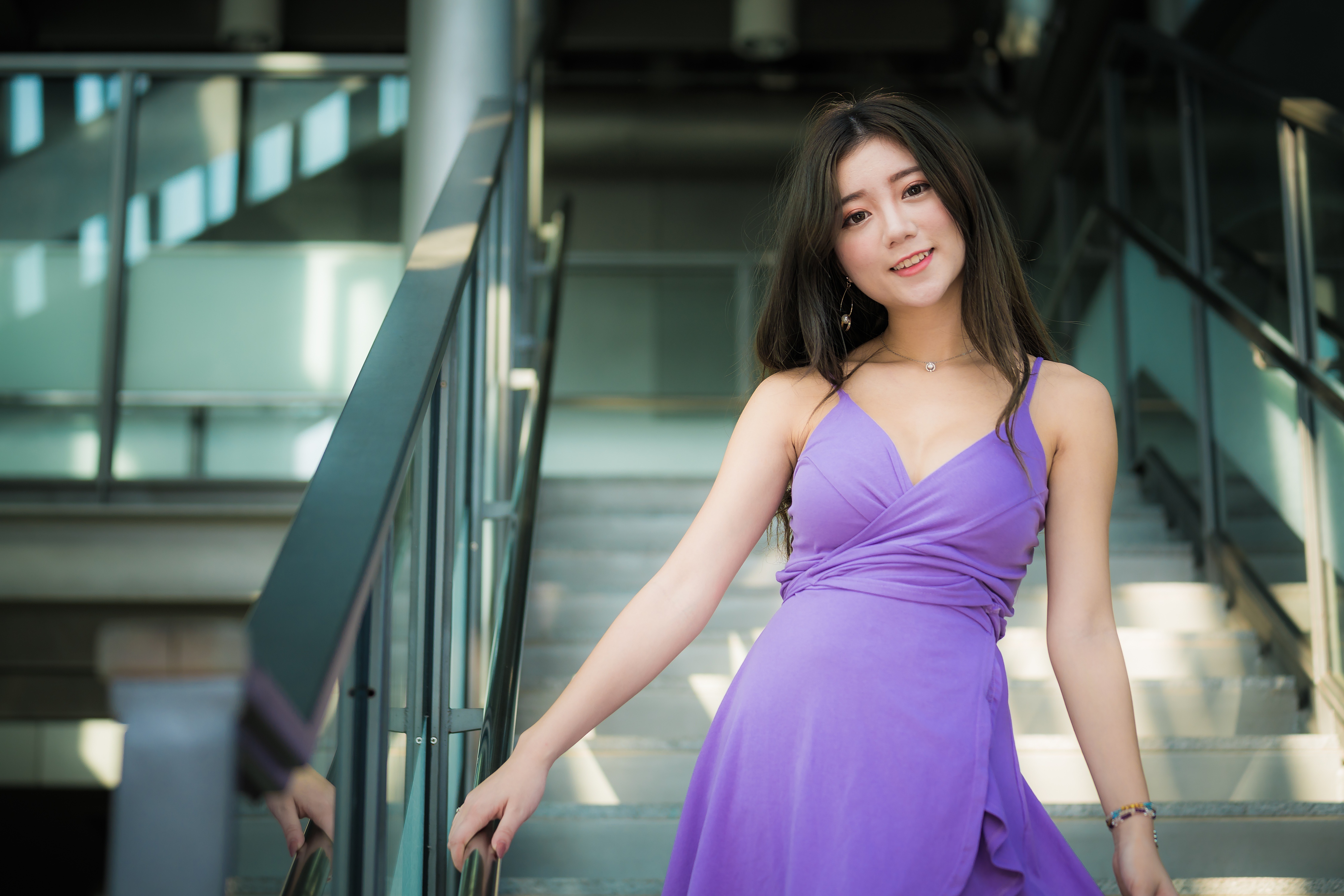 People 4500x3002 Asian model depth of field brunette long hair stairs purple dress smiling women