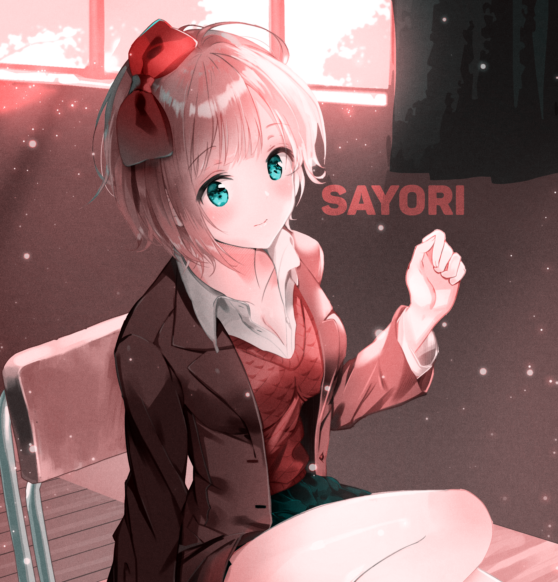 Anime 1826x1904 Doki Doki Literature Club Sayori (Doki Doki Literature Club) anime girls blue eyes novel visual novel video games fan art video game characters red bow short hair pink hair boobs closed mouth window floating particles sunlight pink legs cleavage hair bows