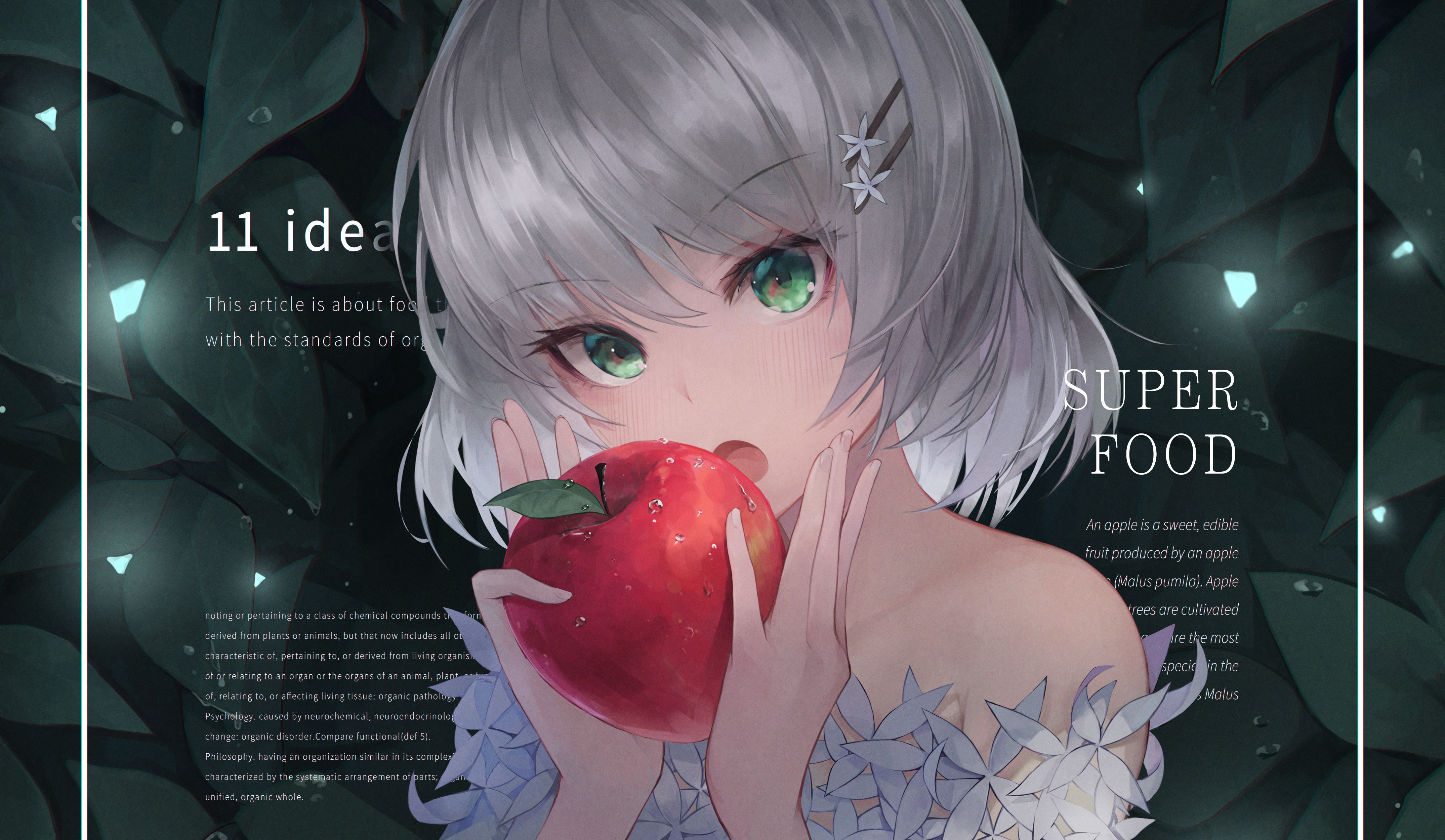 Anime 4300x2500 anime anime girls digital art 2D CrystalHerb artwork silver hair green eyes apples