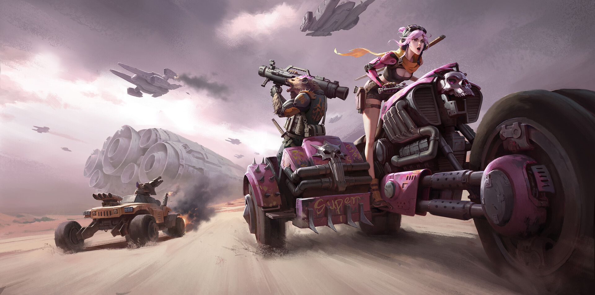 General 1920x952 Wenfei Ye drawing wasteland space shuttle motorcycle pink hair bazookas fighting pink weapon skull science fiction