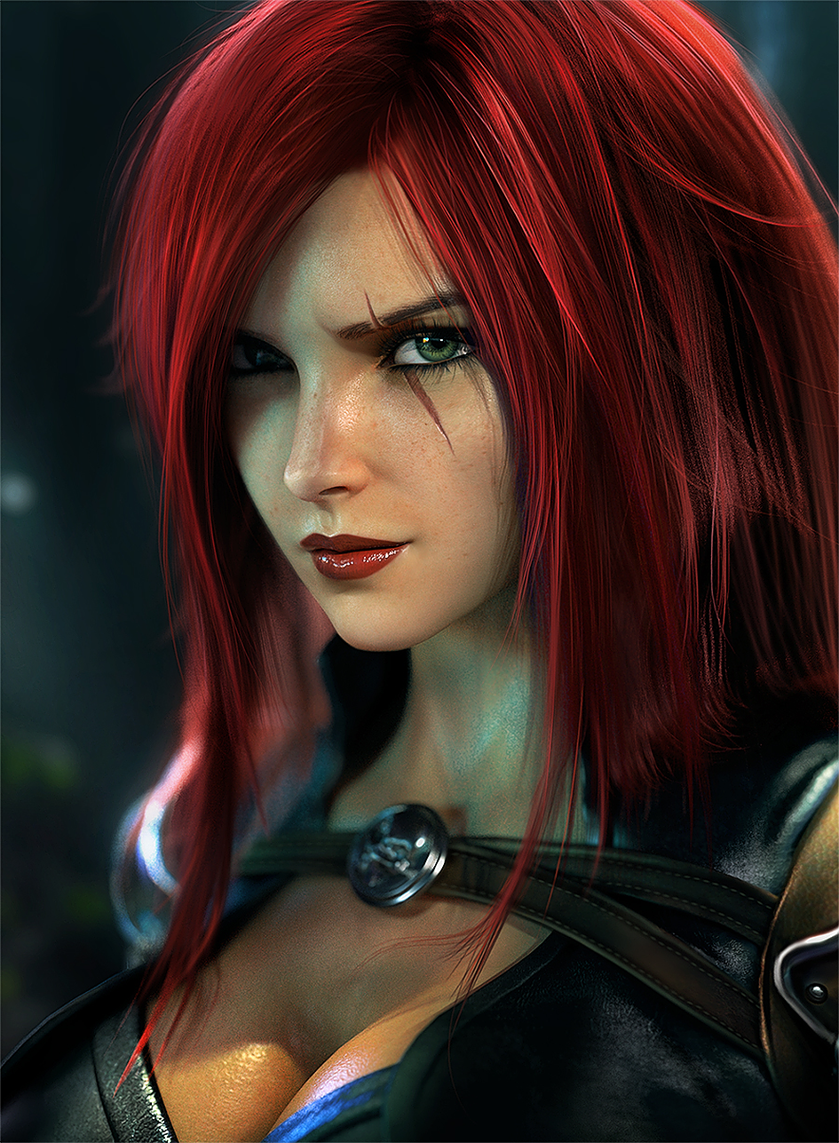 General 945x1287 Sevenbees CGI women League of Legends Katarina (League of Legends) redhead long hair scars makeup realistic straps