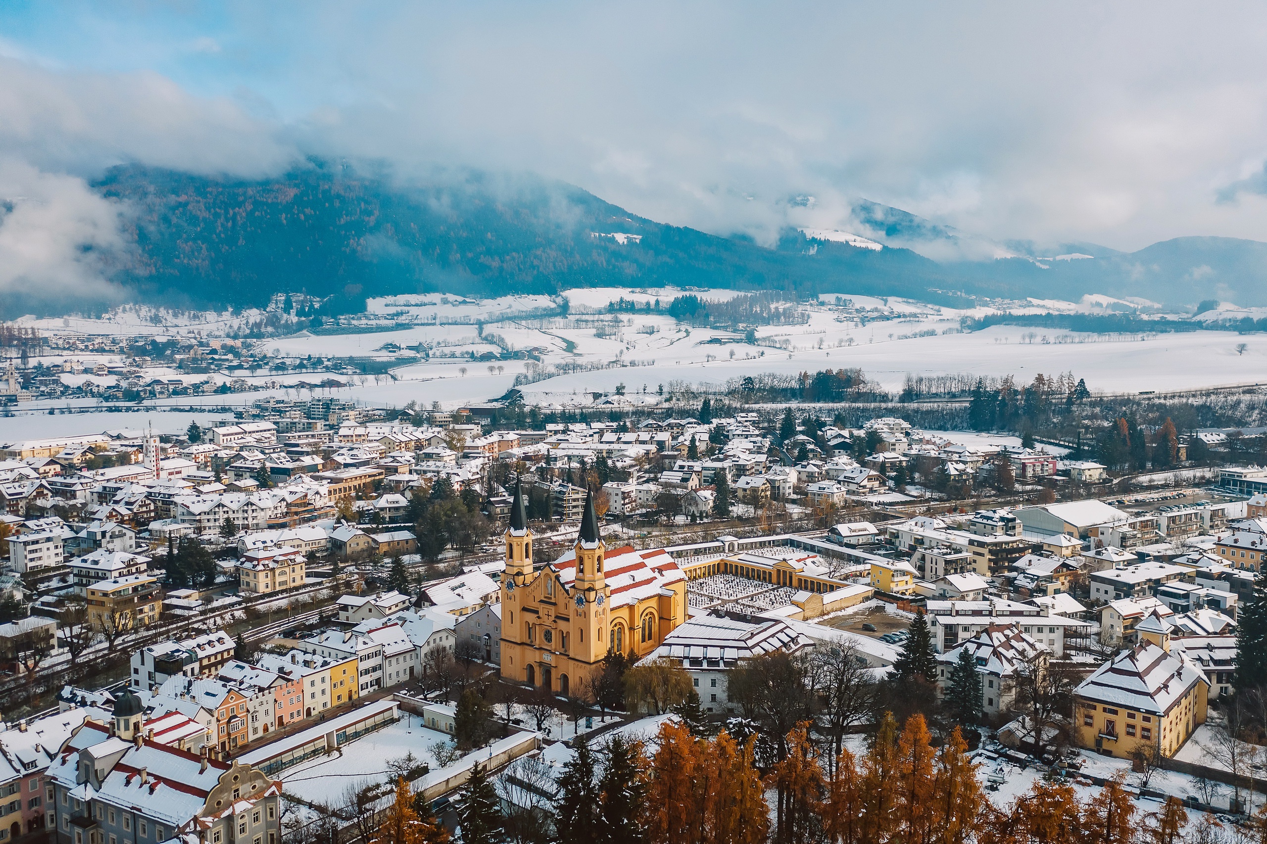 General 2560x1706 winter Italy South Tyrol Trentino aerial view cityscape church snow