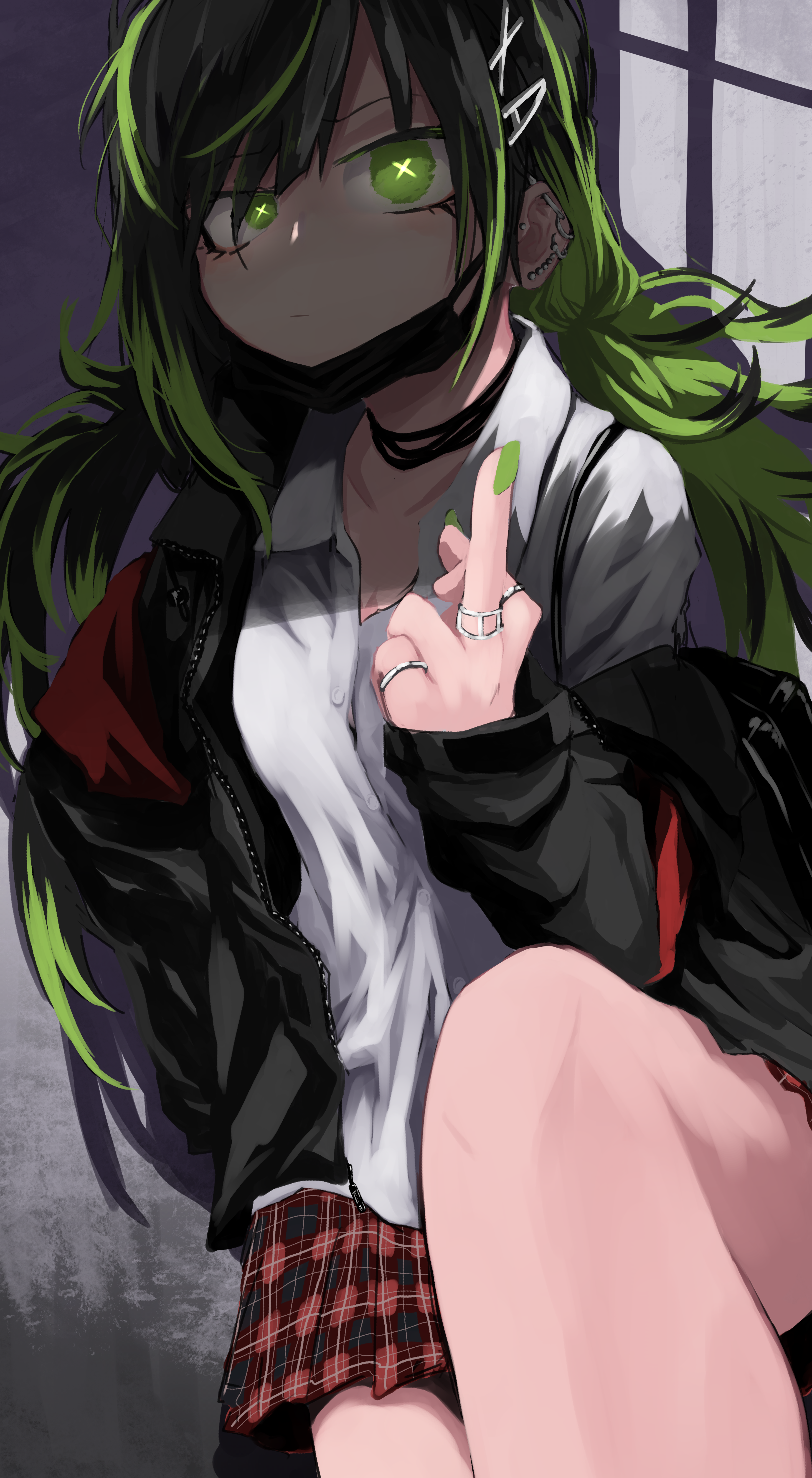 Anime 3568x6495 anime anime girls digital art artwork 2D portrait display green eyes green hair long hair middle finger Kamatama