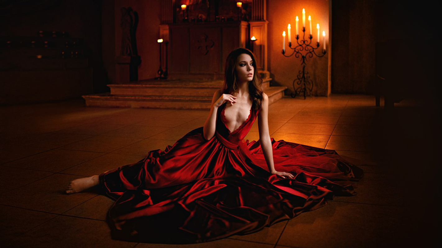 People 1422x800 Ksenia Kokoreva women brunette long hair looking away dress red clothing red dress on the floor cleavage candles barefoot wide breasts pointed toes perky breasts cleavage cutout