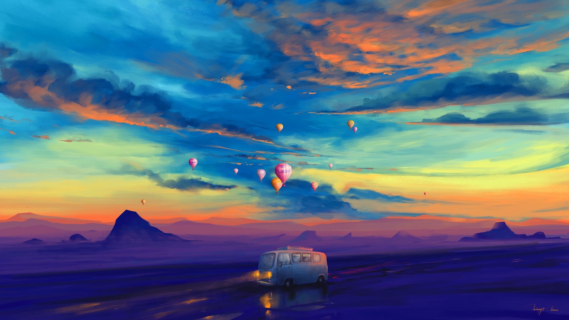 General 1920x1080 BisBiswas balloon hot air balloons mountains transport night evening clouds illustration painting digital art signature