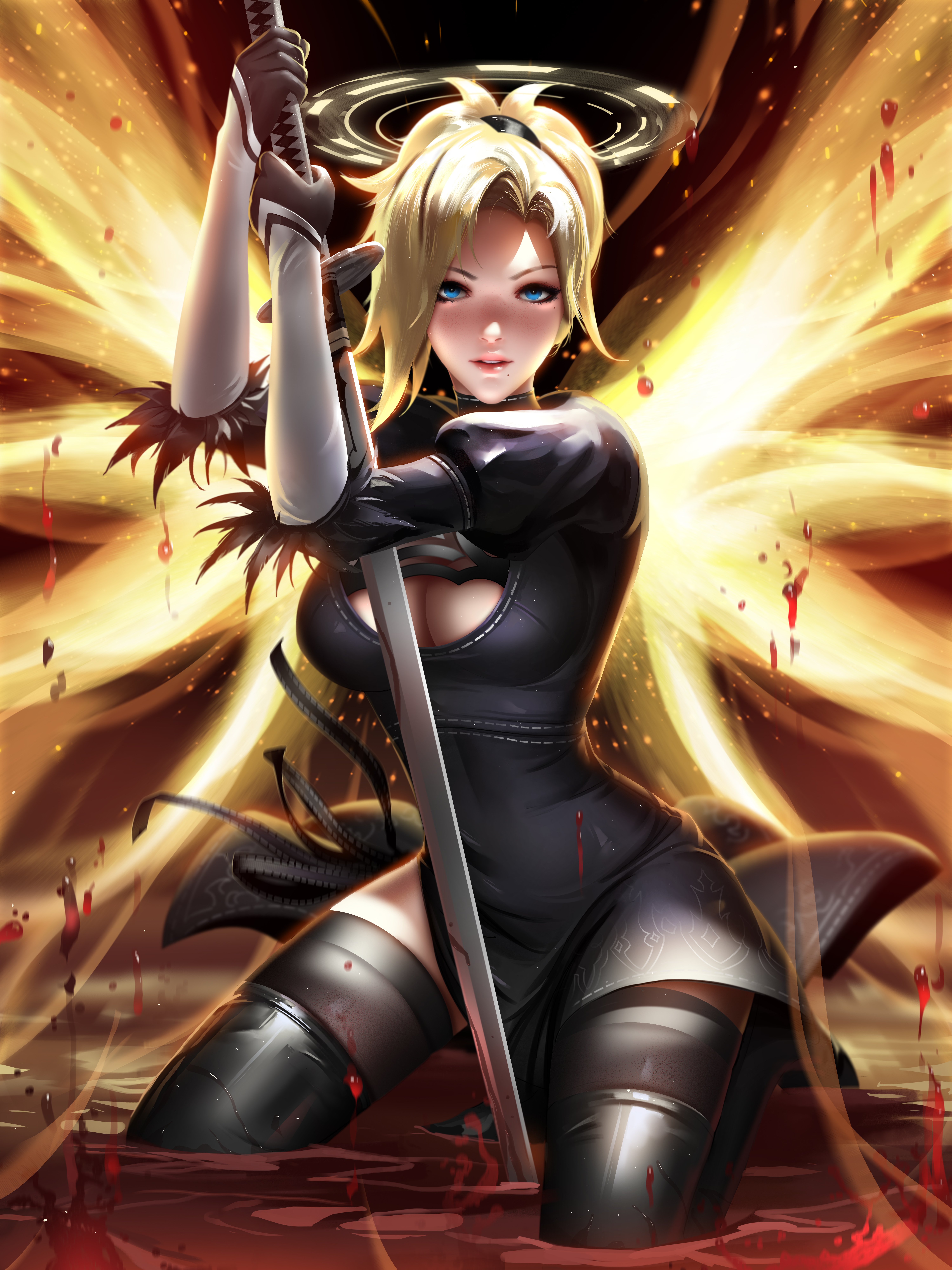 General 6000x8000 Mercy (Overwatch) Overwatch video game girls video game characters women blonde fantasy girl ponytail blue eyes freckles portrait vertical costumes crossover wings fantasy art dress black dress thigh-highs kneeling blood katana weapon sparks artwork drawing illustration fan art Liang-Xing