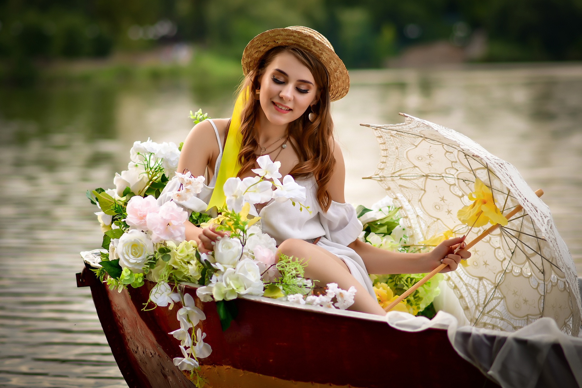 People 1920x1280 women flowers boat vehicle hat makeup umbrella women outdoors women with hats women with umbrella brunette long hair smiling vibrant
