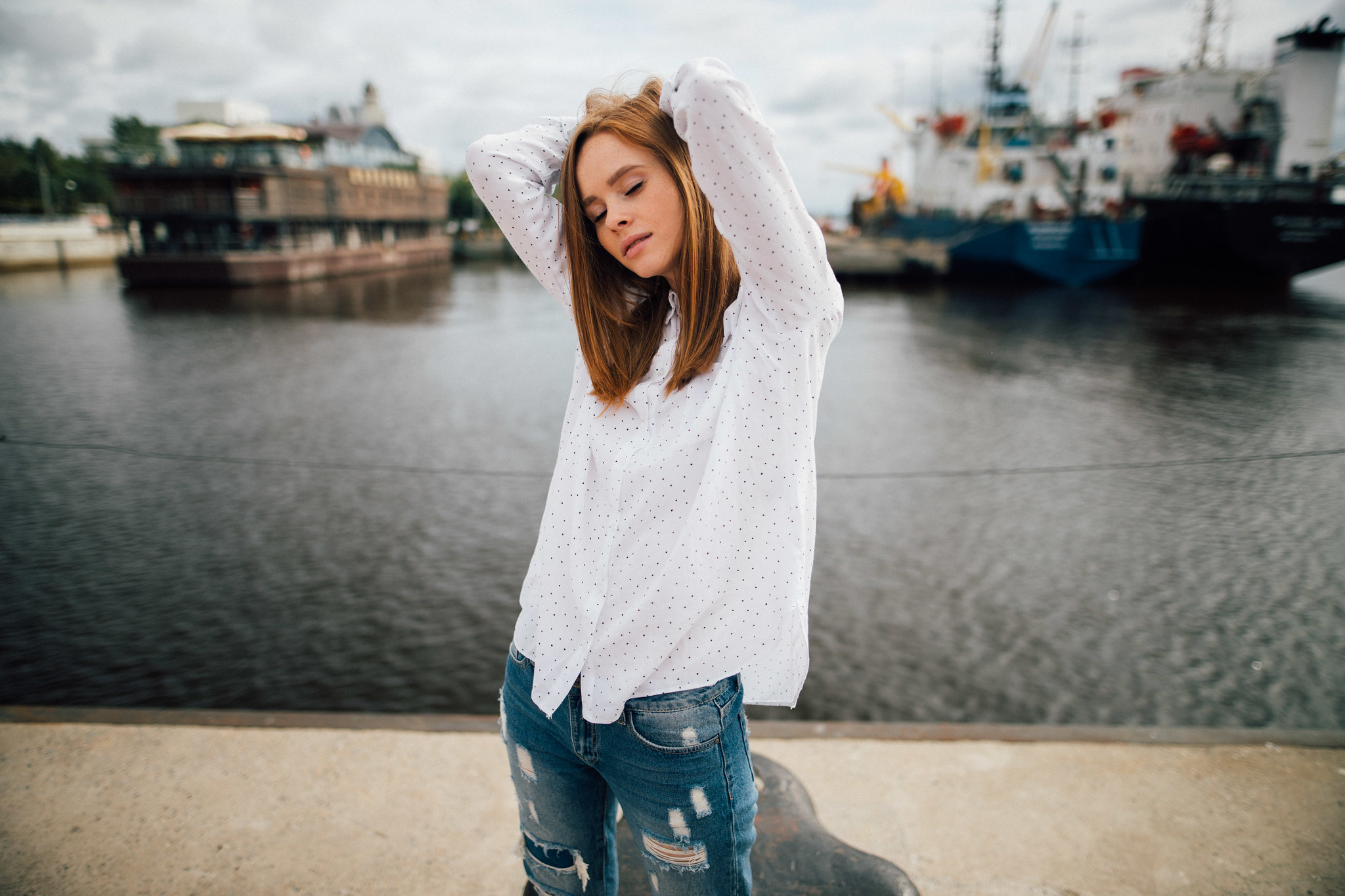 People 2048x1365 women model closed eyes open mouth arms up white shirt polka dots jeans denim pier ship depth of field redhead