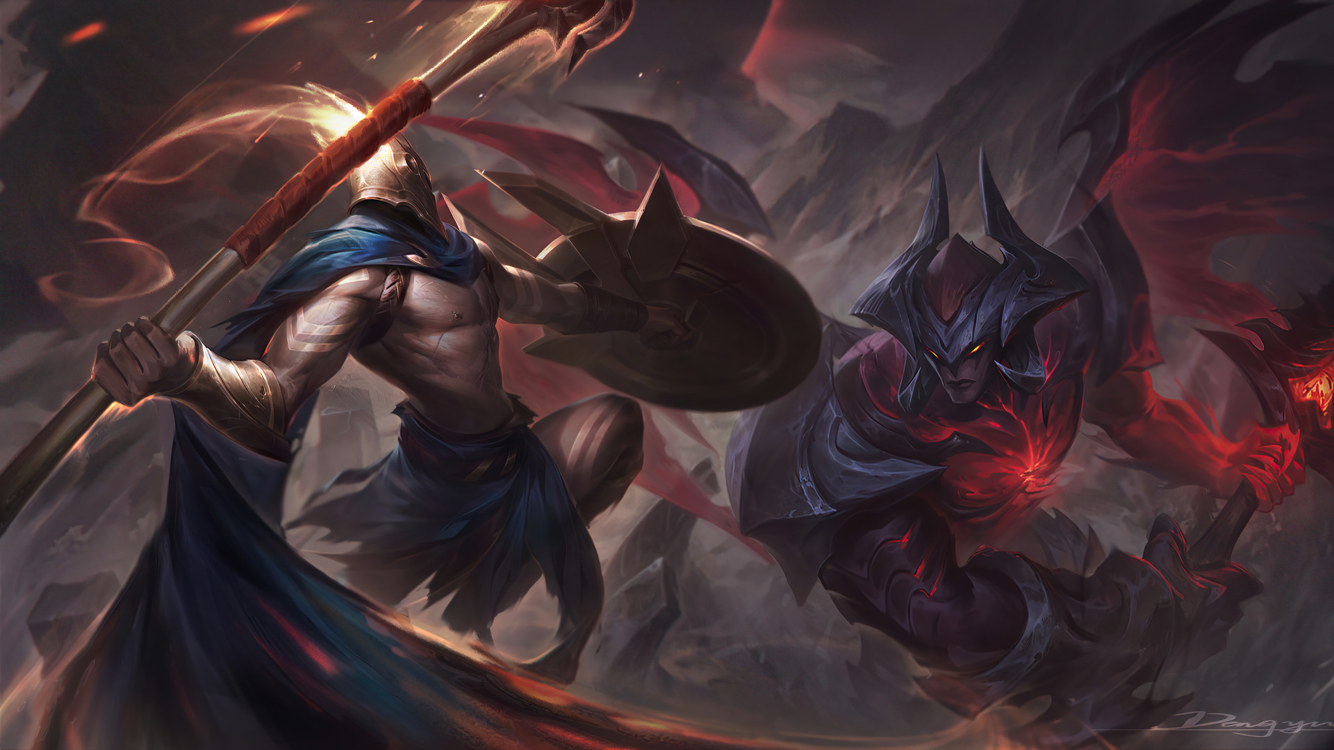 General 1920x1080 Pantheon (League of Legends) Aatrox (League of Legends) League of Legends spear Sparta red eyes PC gaming battle video game art glowing eyes video game characters