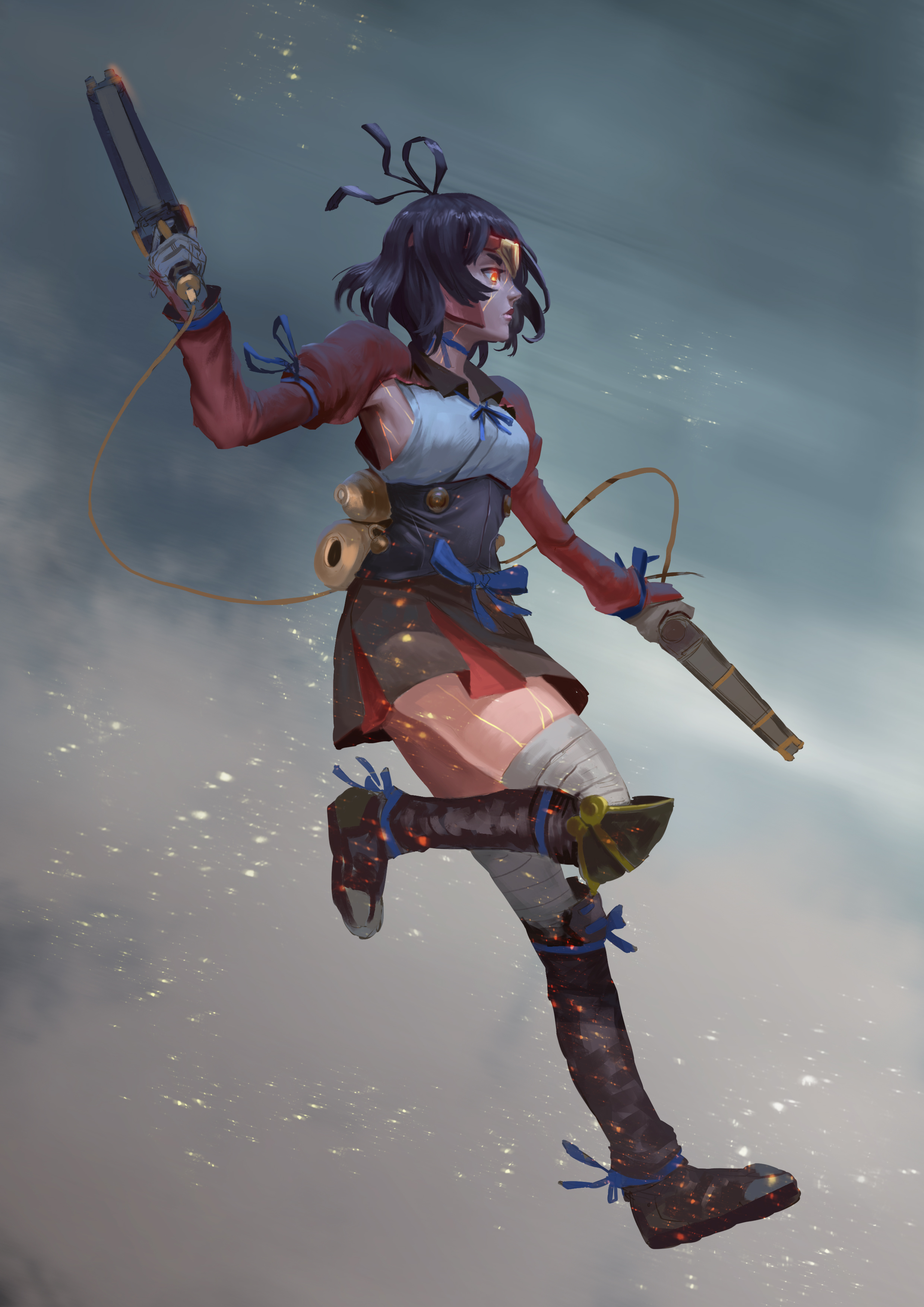 Anime 2480x3508 Koutetsujou no Kabaneri thighs thick thigh curvy girls with guns female soldier small boobs cleavage short hair black hair ahoge anime girls Mumei no bra portrait display hair blowing in the wind fighting smoke background fan art looking away bandages red eyes 2D anime sideboob falling blue ribbons long sleeves