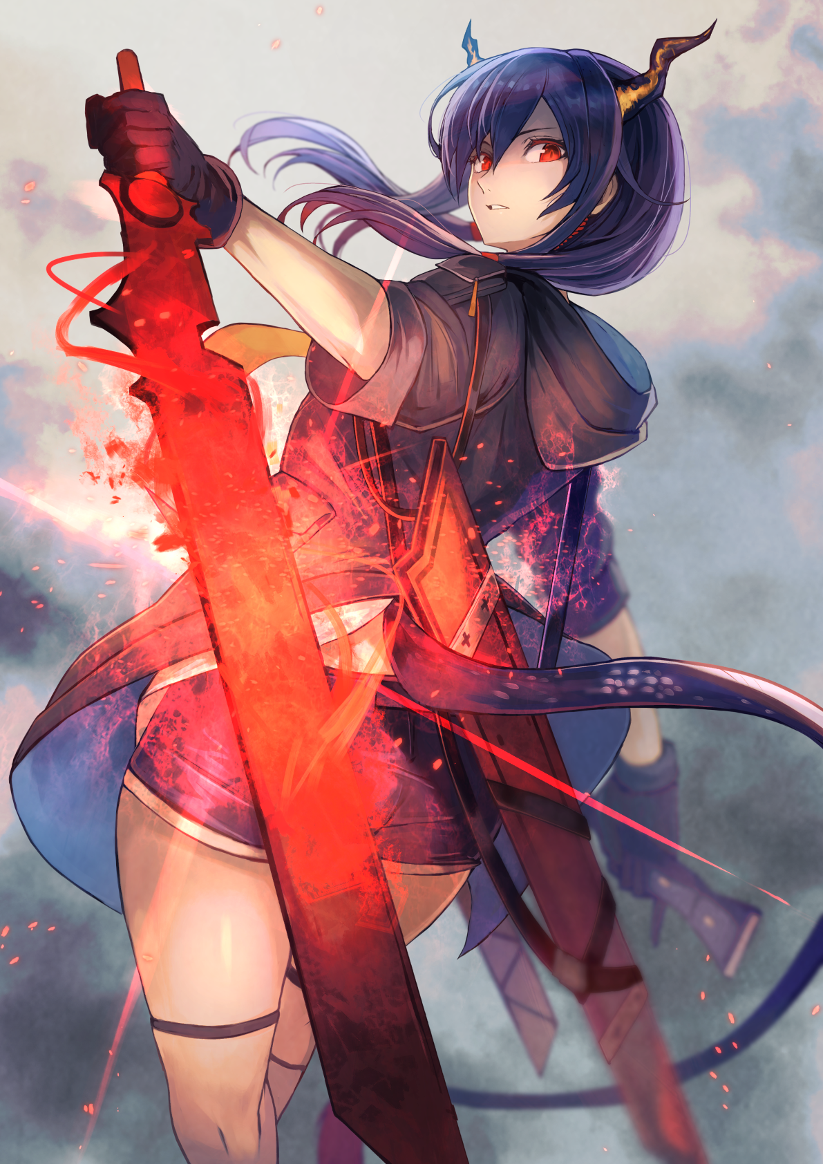 Anime 1191x1684 anime anime girls digital art artwork 2D portrait display Arknights Ohako sword dragon girl horns tail purple hair red eyes Chen (Arknights)