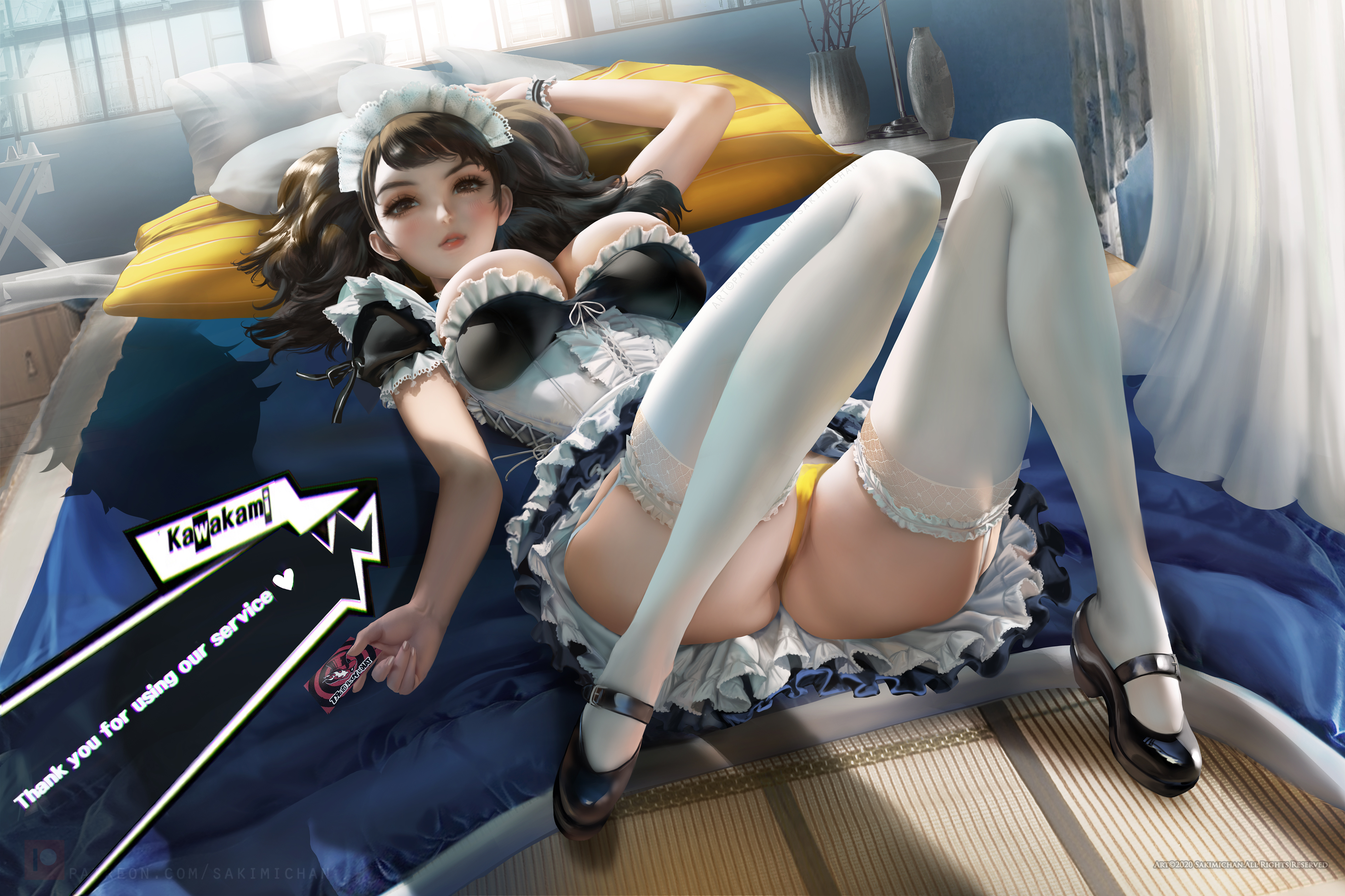 Anime 3800x2533 illustration artwork digital art fan art drawing Sakimichan women Kawakami Sadayo anime Persona 5 Persona series brunette thigh-highs lying down cleavage maid outfit ass thighs legs looking at viewer boobs big boobs huge breasts dark hair stockings white stockings