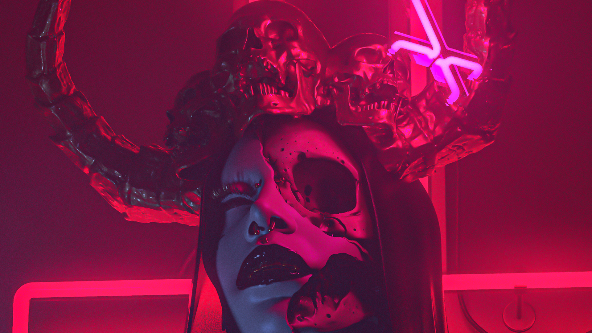 General 1920x1080 skull digital art horns cyberpunk red neon