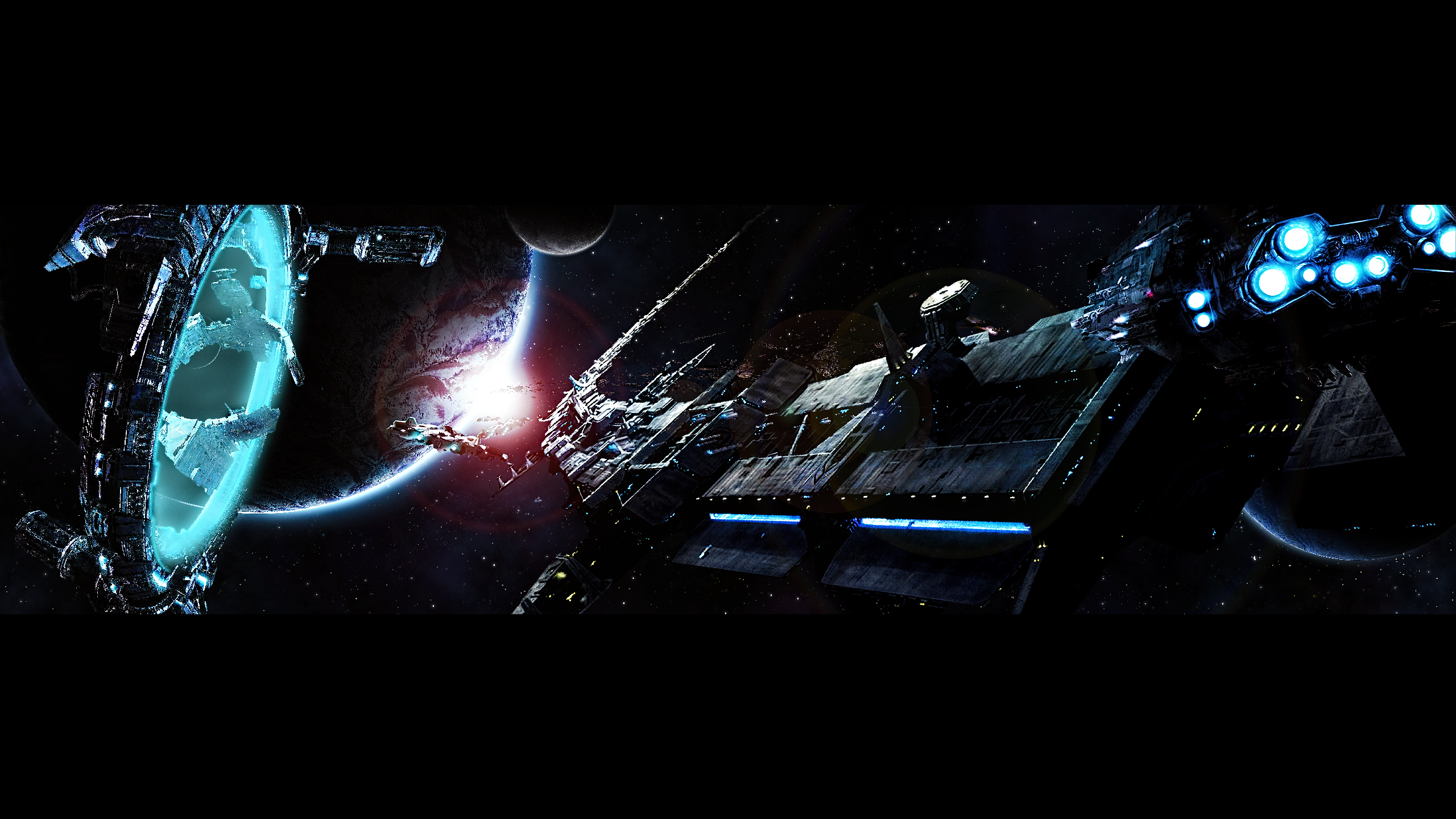 General 2560x1440 science fiction space spaceship metalanguage planet cyan low light digital art space art
