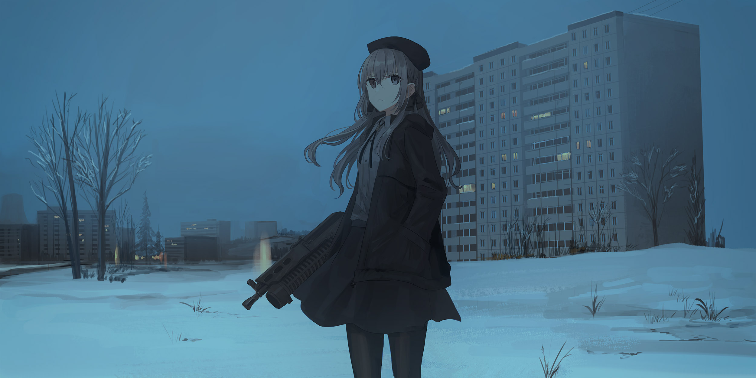 Anime 2500x1250 anime anime girls digital art artwork portrait snow gun apartments cityscape PP-19 Bizon Slavic 4sakana5 standing looking at viewer skirt hands in pockets winter girls with guns building snow covered hat hair between eyes trees parted lips