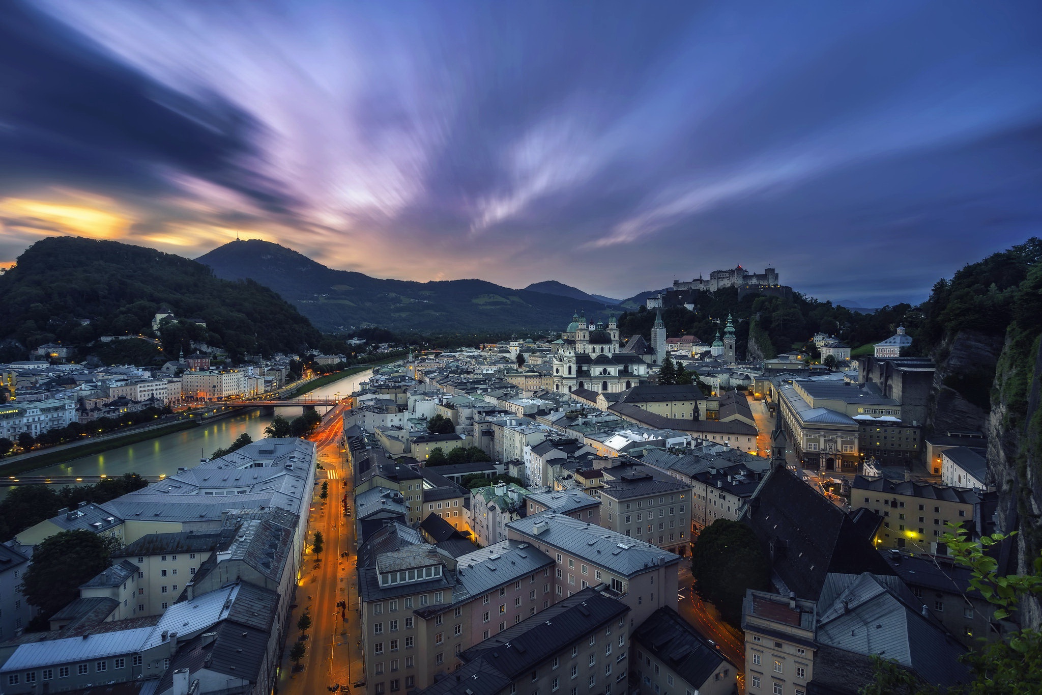 General 2048x1365 city cityscape Austria sky Salzburg long exposure river building bridge evening