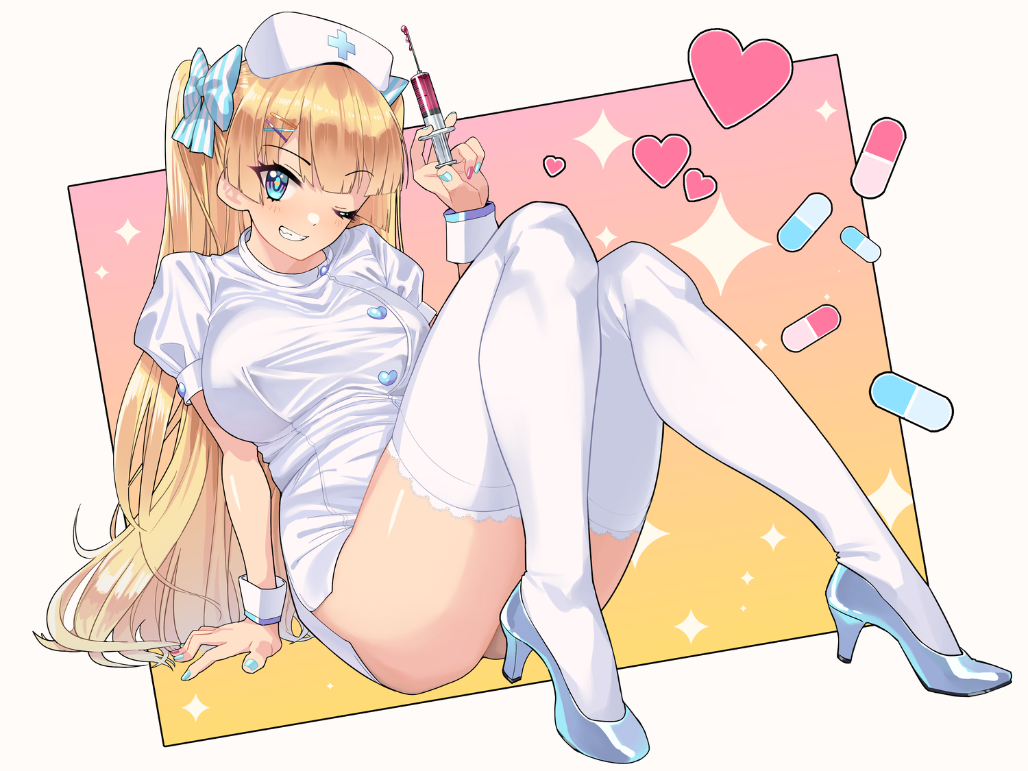 Anime 1500x1125 anime anime girls digital art artwork 2D portrait Kaedeko blonde blue eyes smiling wink nurse outfit thigh-highs