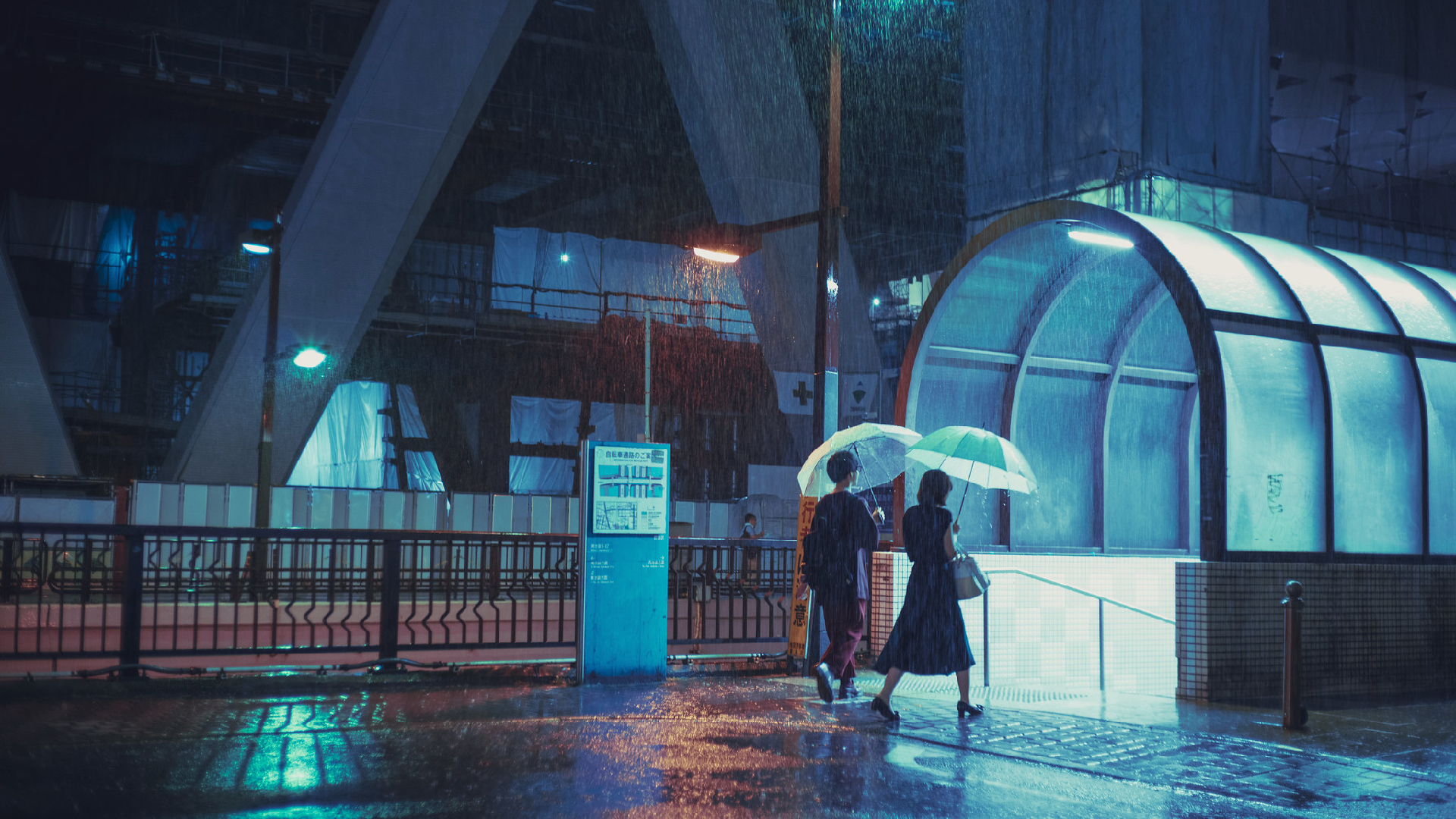 General 1920x1080 Japan rain digital art artwork umbrella lights blue