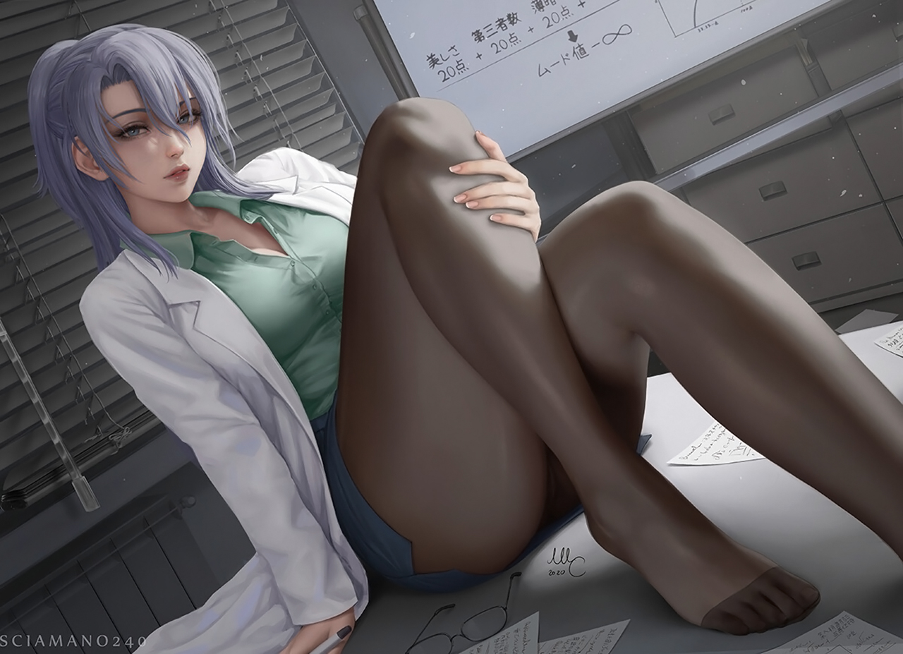 Anime 1280x927 anime anime girls legs pantyhose sitting feet lab coats on table drawing women tiptoe Mirco Cabbia Himuro Ayame