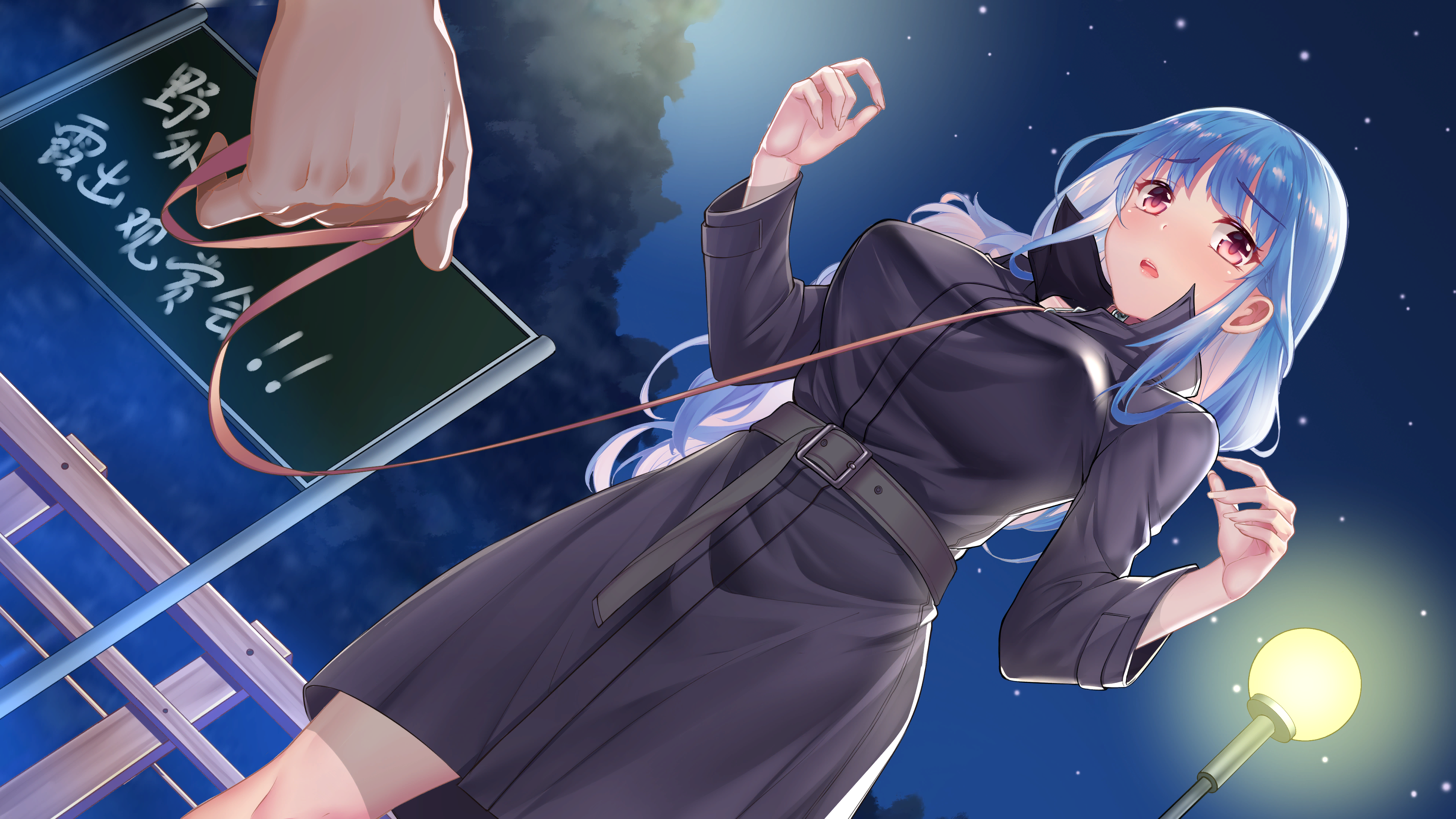 Anime 3840x2160 anime leash BDSM coats long hair blue hair pink eyes anime girls Seek Girl Game CG low-angle night blow stars exclamation mark sky starry night starred sky looking at viewer standing open mouth