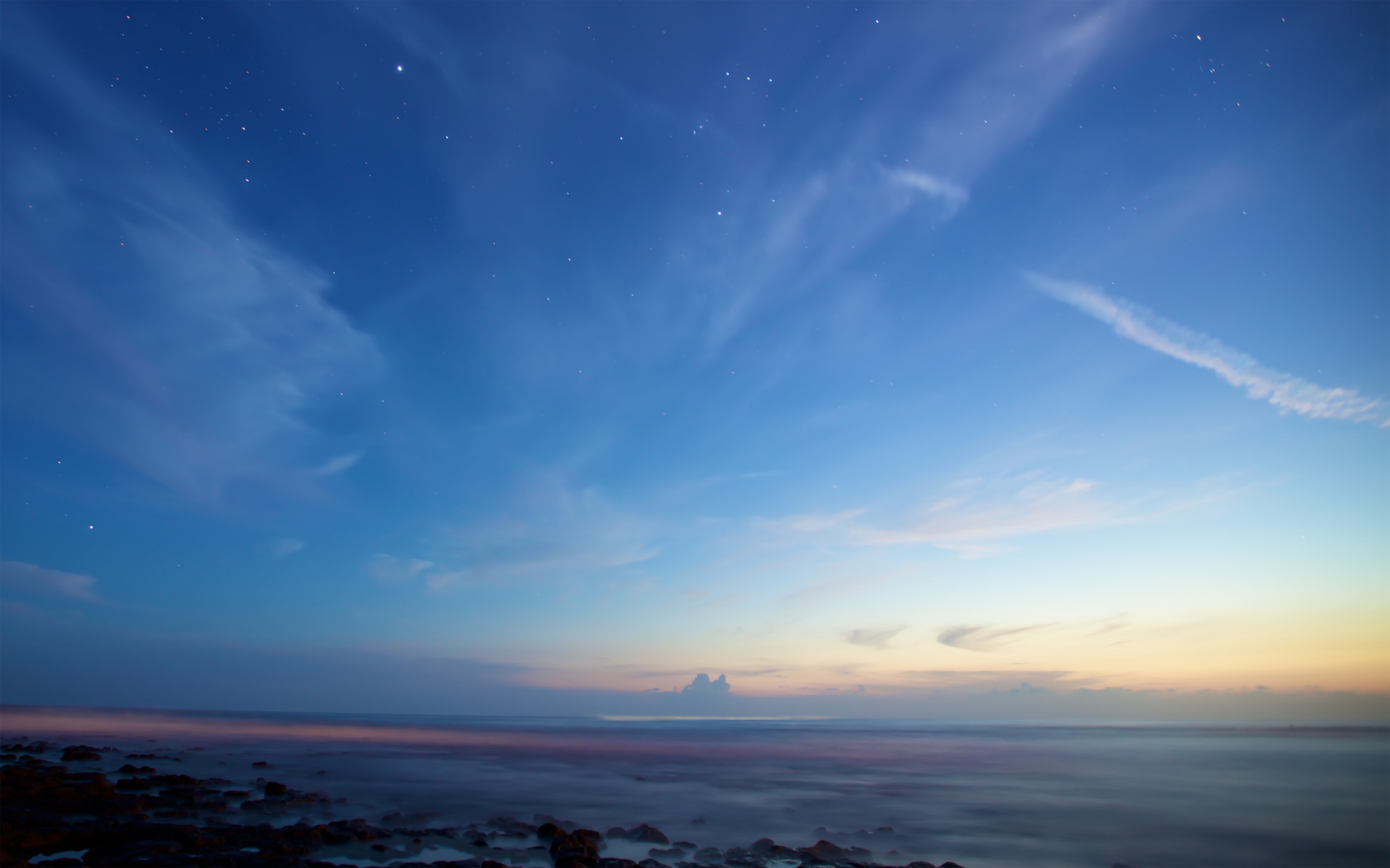 General 2880x1800 landscape nature outdoors stars sky skyscape sunset sea beach sunset glow horizon low light
