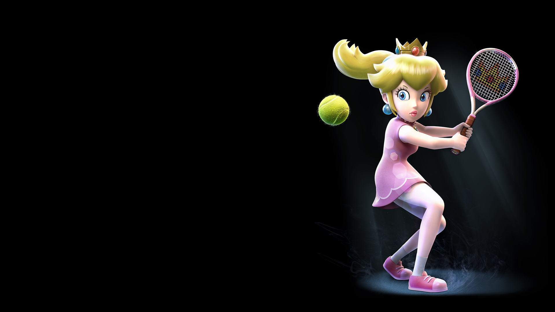 General 1920x1080 Nintendo Super Mario video games tennis tennis balls tennis rackets Princess Peach video game girls video game characters black background sport blonde pink dress