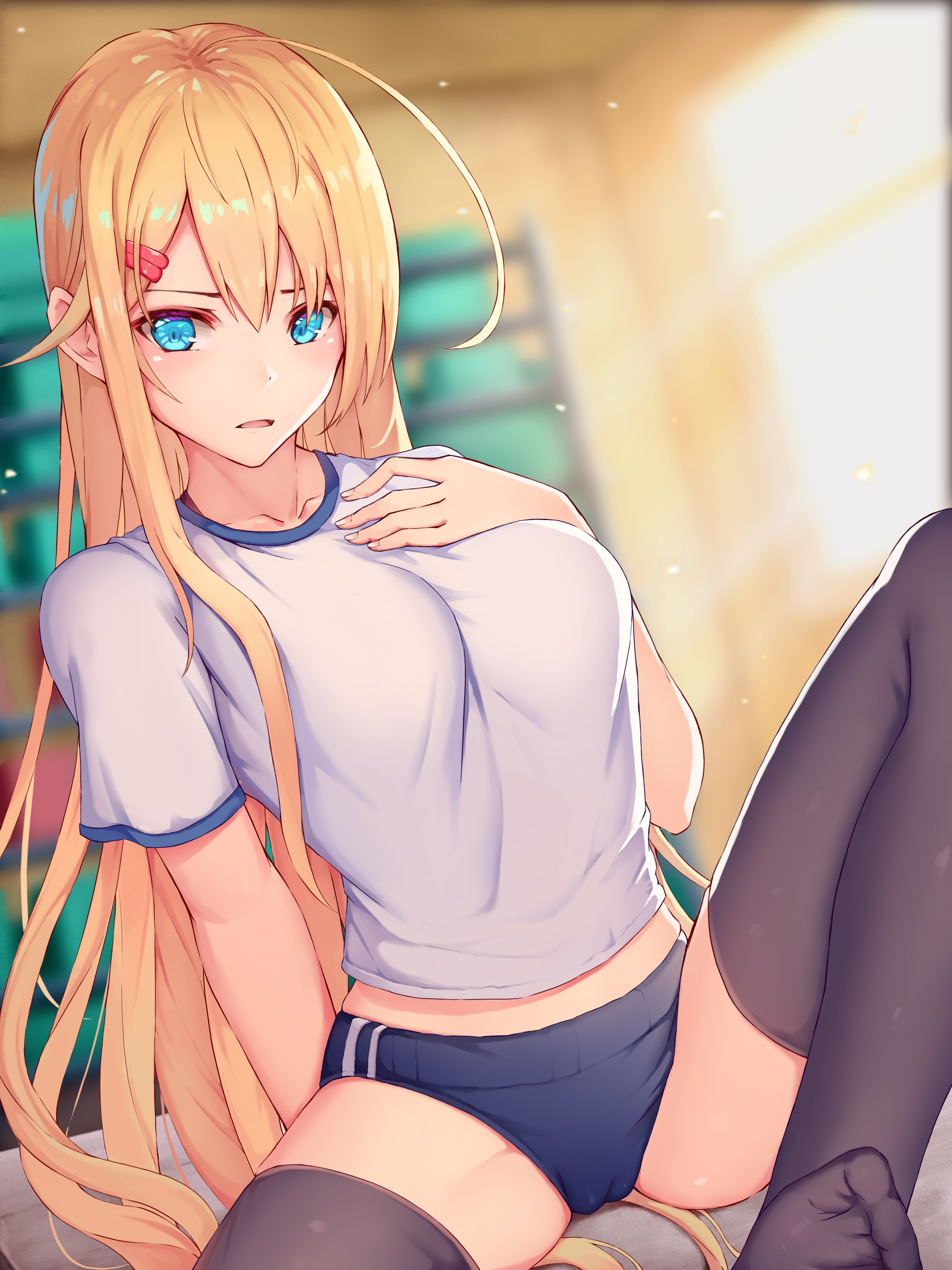 Anime 3000x4000 anime girls classroom blonde blue eyes long hair hairpins depth of field big boobs open mouth looking at viewer hands on chest sitting artwork anime gym clothes thigh-highs spread legs Rafael-M naked cape
