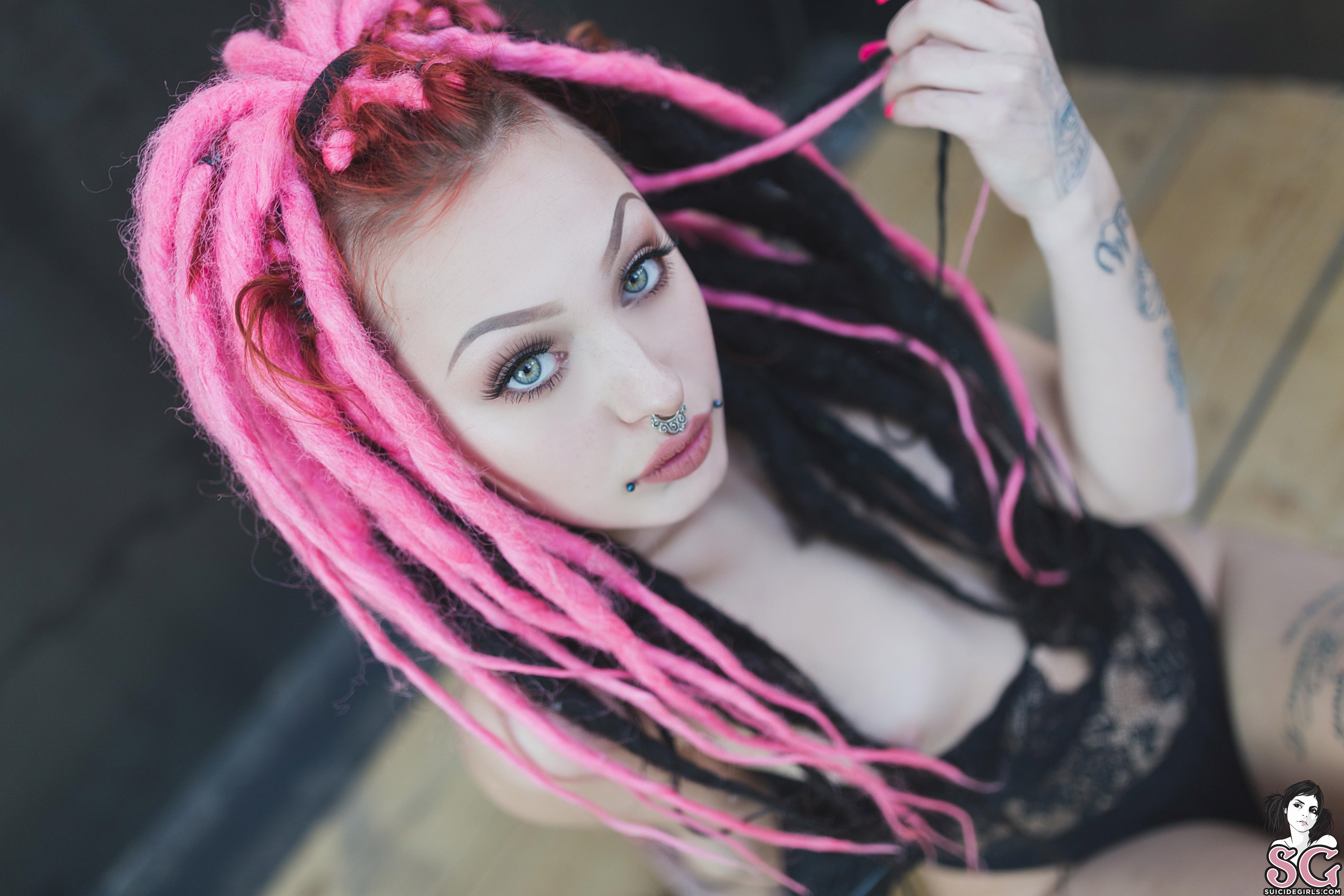 People 3000x2000 Khristy Skaalith_ Suicide women model dyed hair dreadlocks bokeh indoors bodysuit one-piece-lingerie on the floor top view inked girls tattoo piercing pierced septum women indoors Suicide Girls painted nails looking at viewer