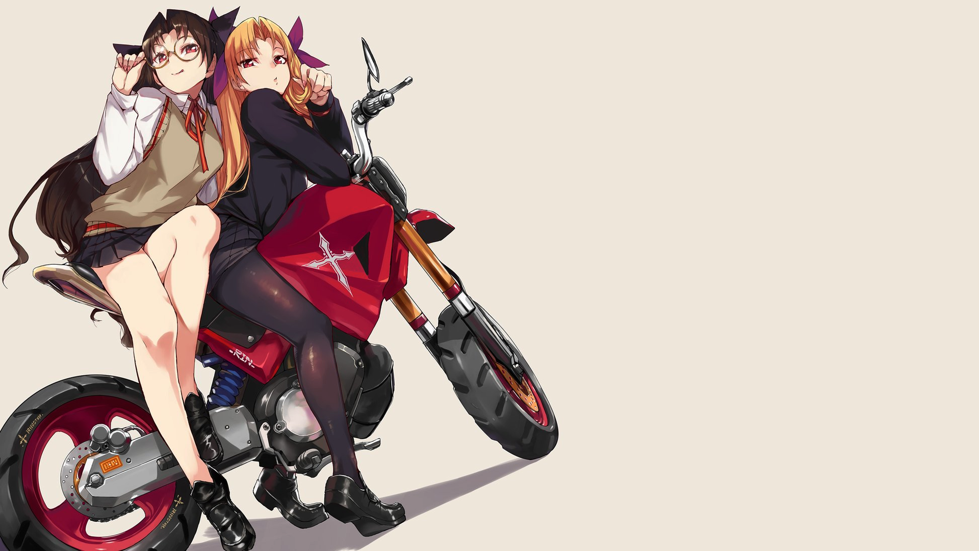 Anime 1920x1080 anime anime girls simple background looking at viewer motorcycle Ereshkigal (Fate/Grand Order) Ishtar (Fate/Grand Order) Fate/Grand Order miniskirt long hair school uniform Fate series