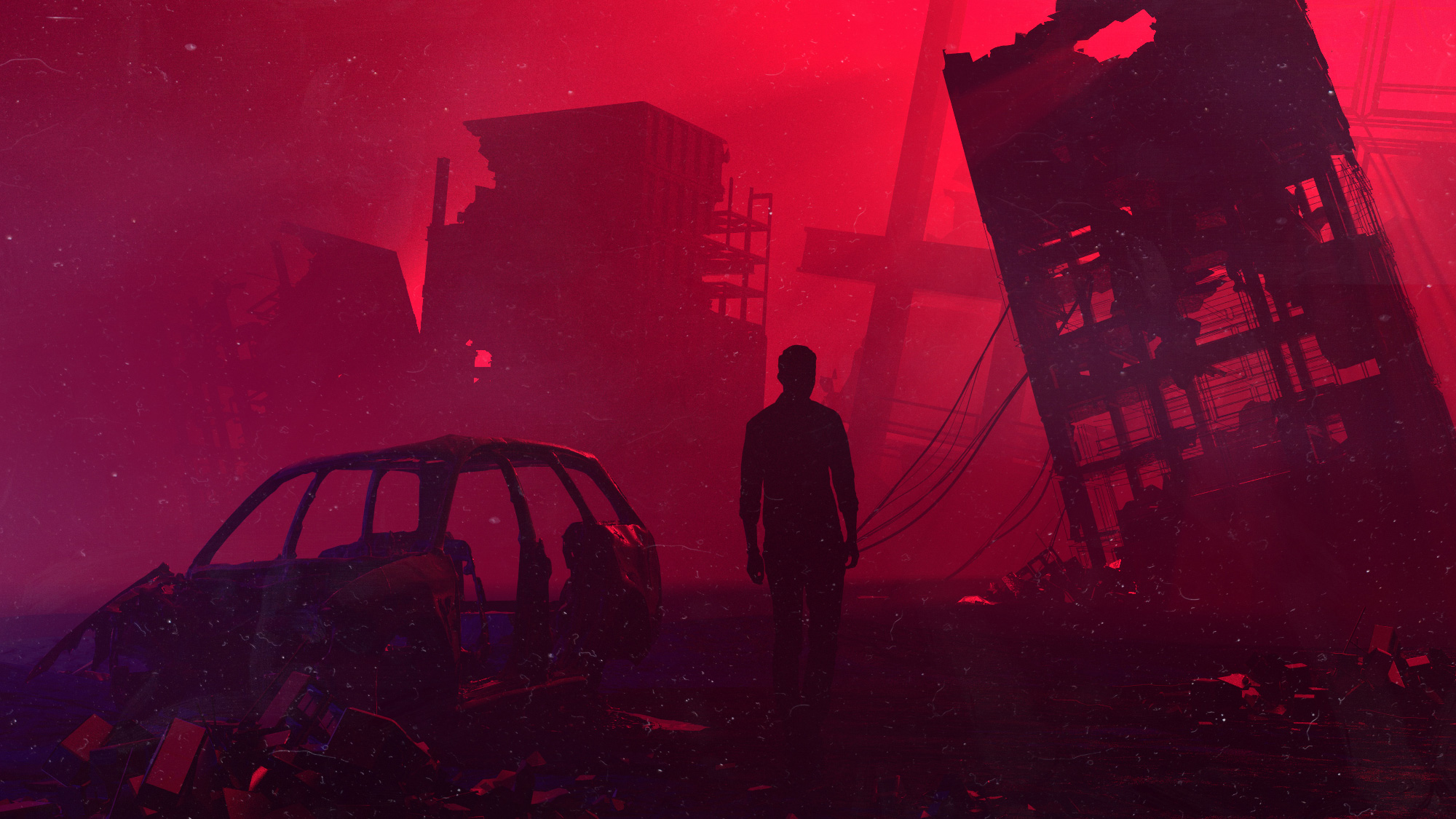 General 2000x1125 artwork digital art building dystopian red apocalyptic wreck dark ruins futuristic men