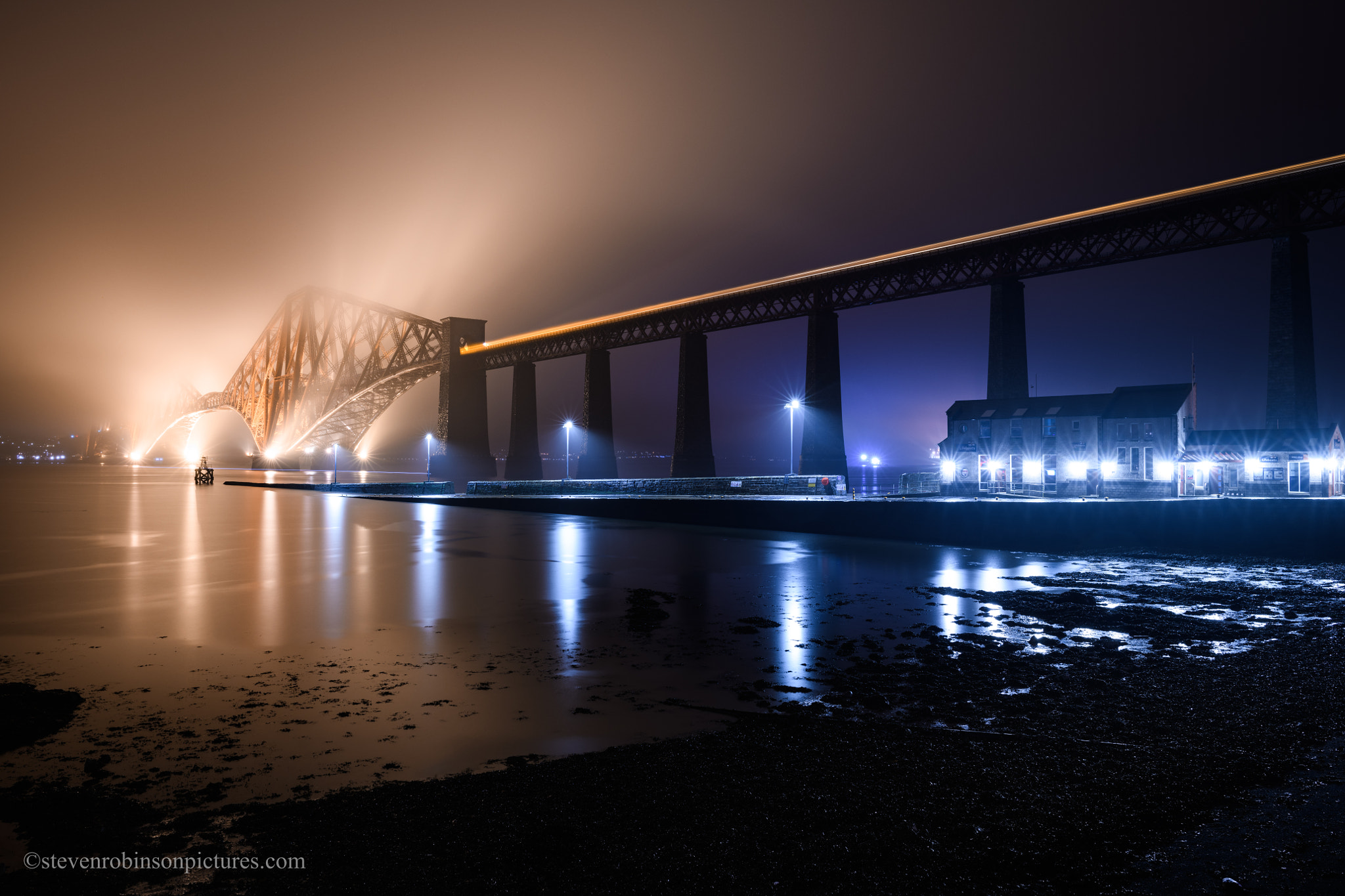 General 2048x1365 night mist bridge lights reflection water outdoors low light watermarked Forth Bridge Scotland Edinburgh UK