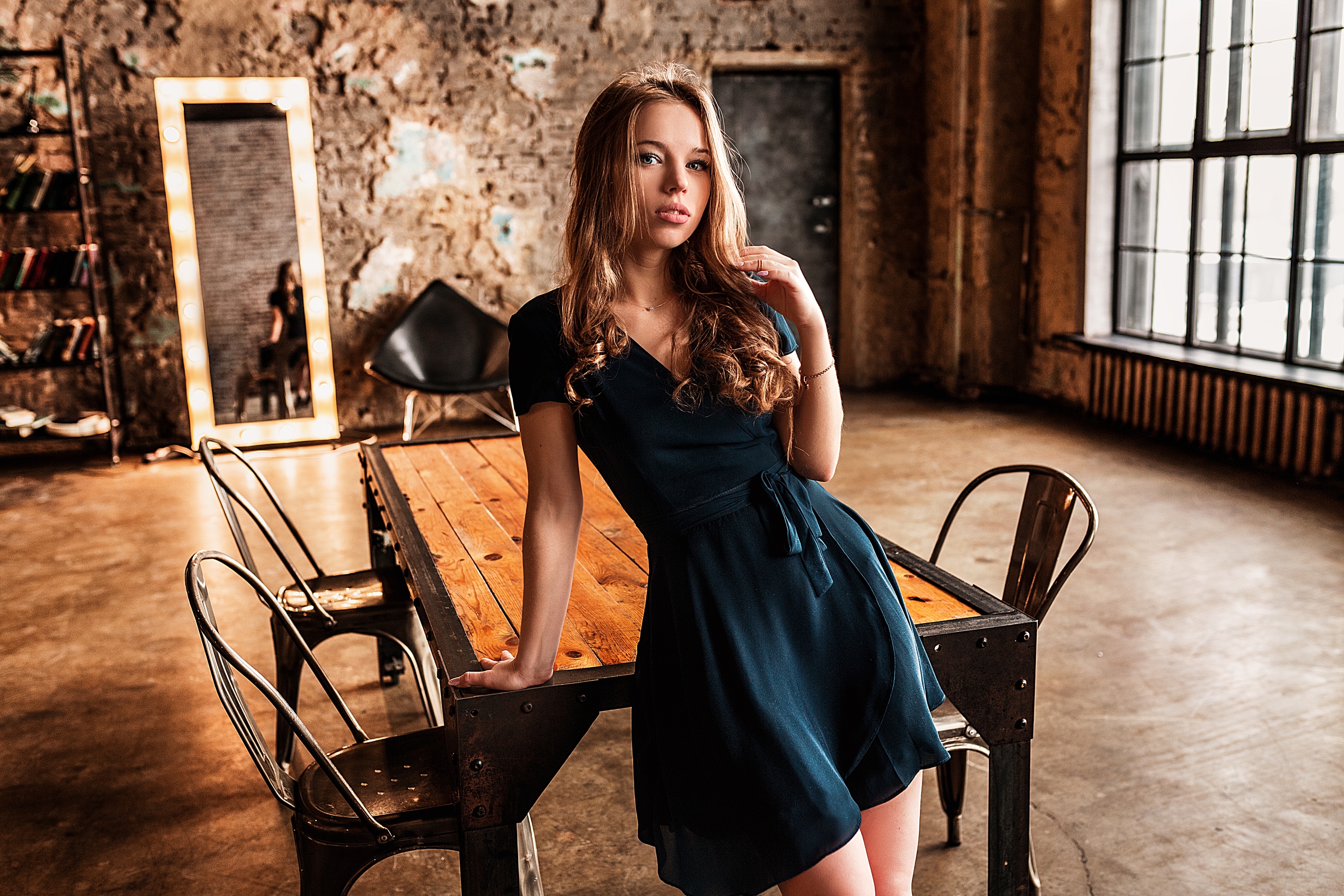 People 2560x1707 women model blonde touching hair looking at viewer necklace indoors dress table chair mirror reflection depth of field portrait women indoors Vlad Popov Nadezhda Smetanina